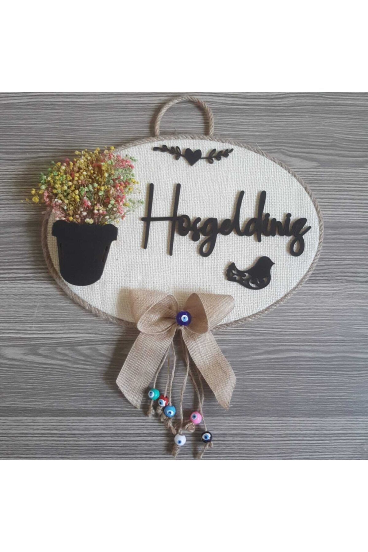 Baby Desing Trend Kapı Süsü Krem Jut Şoklanmış Kuru Çiçekli Dekoratif Çelik Kapı Süsü Nazar Boncuklu