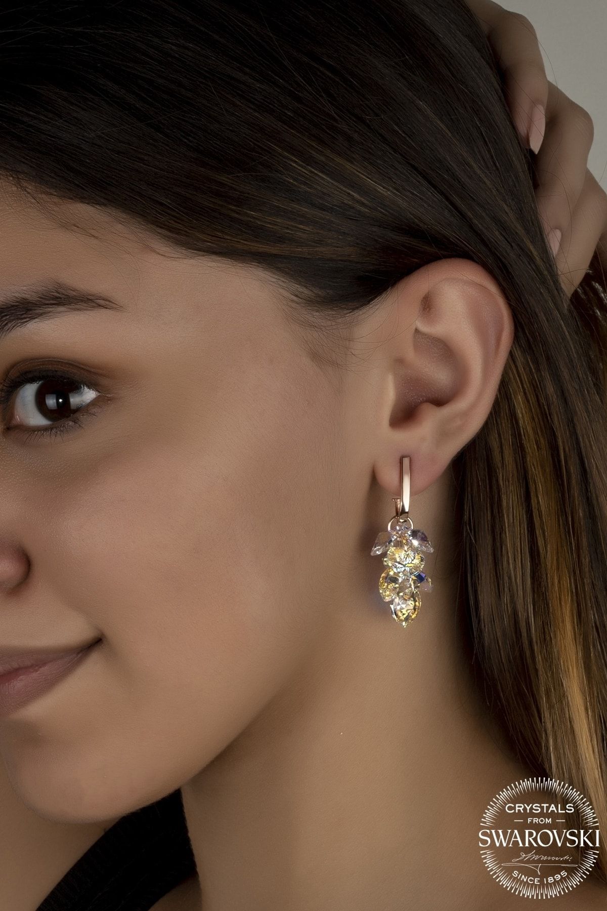 Union Swarovski Crystal Kadın Kalp Salkım Rose Gümüş Küpe
