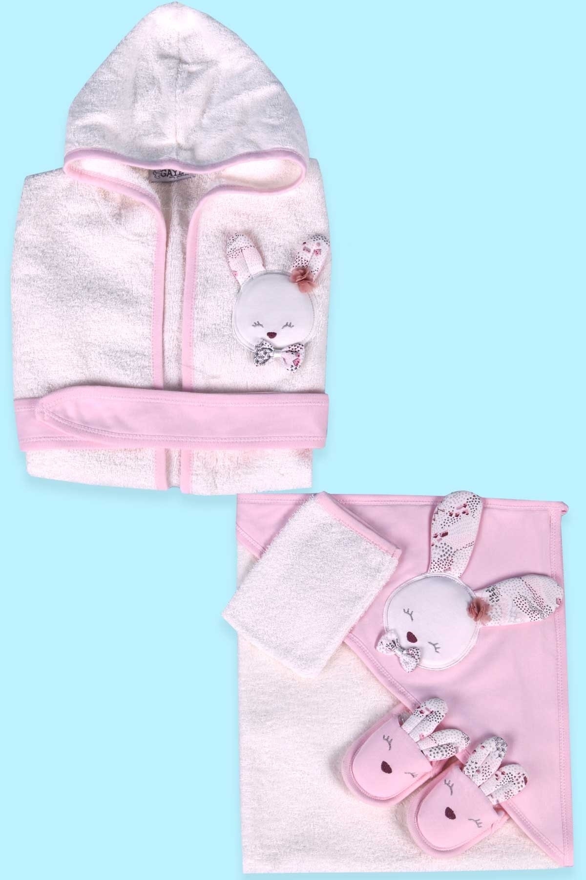 Breeze Kız Bebek Pudra Uyuyan Tavşan Desenli Bornoz Seti
