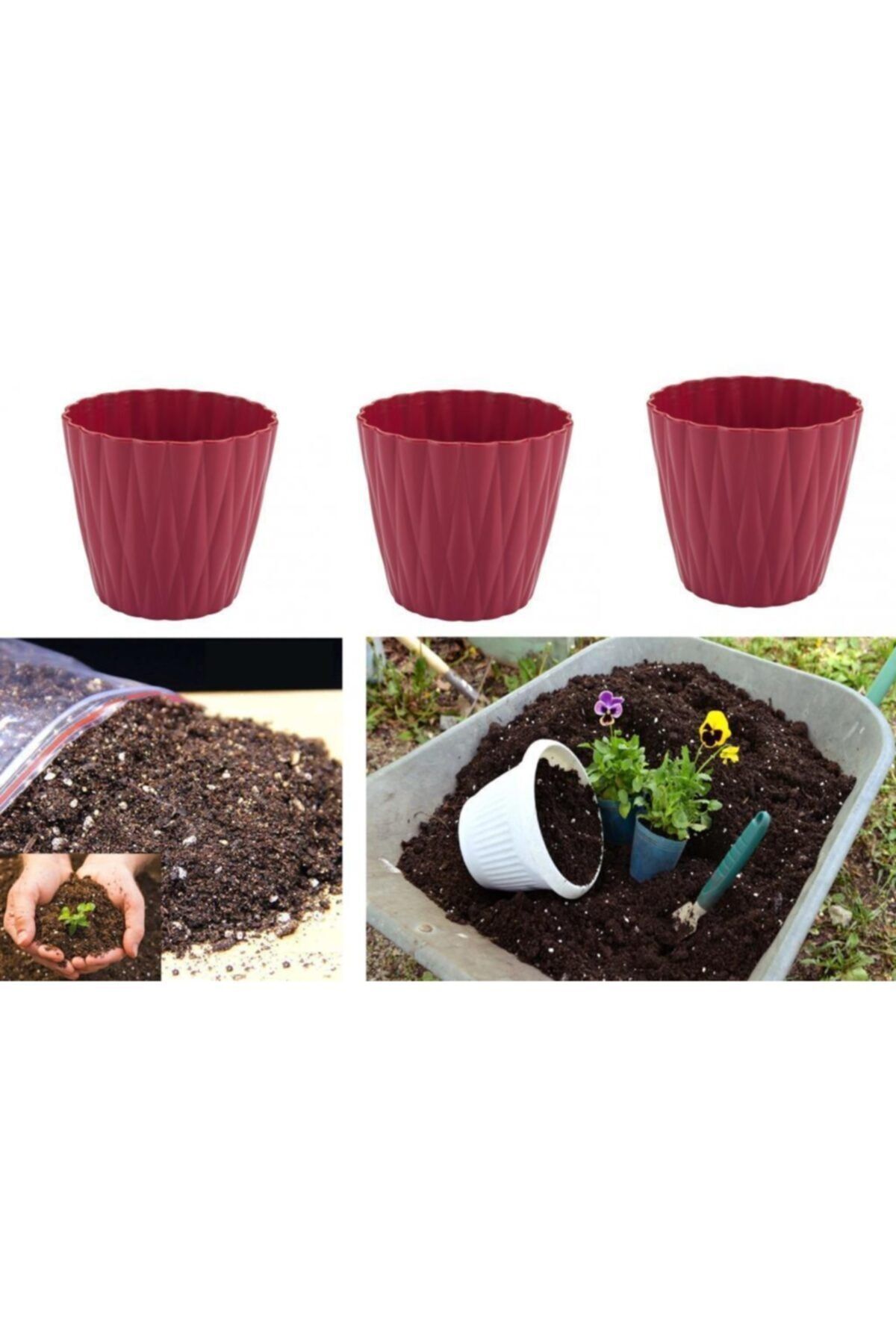 Tvet 3 Adet Saksı 14 X 13 Cm + Saksı Toprağı Minaralli Torf 3 Lt