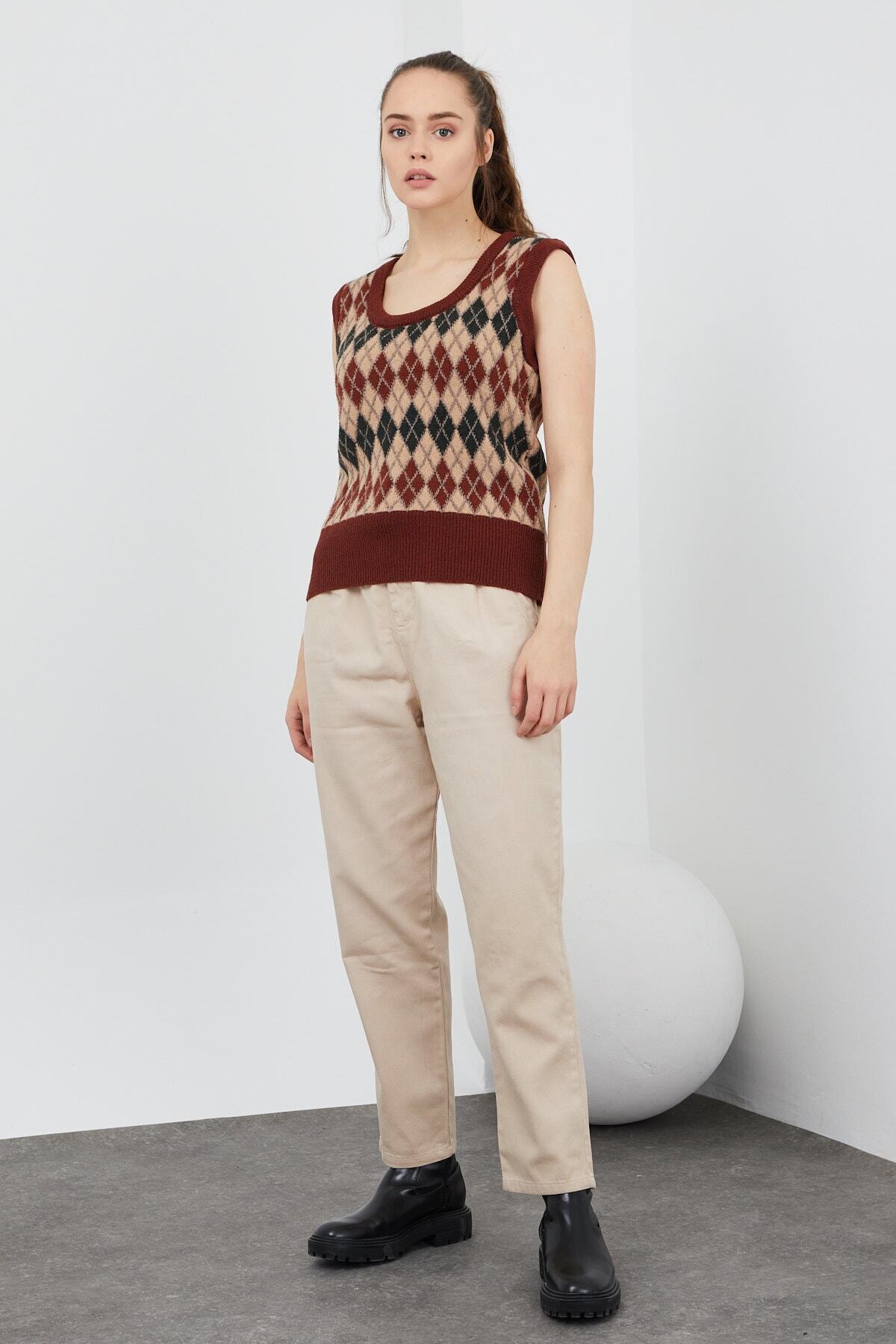 THE DOORE Kadın Kiremit Baklava Desenli Triko Süveter