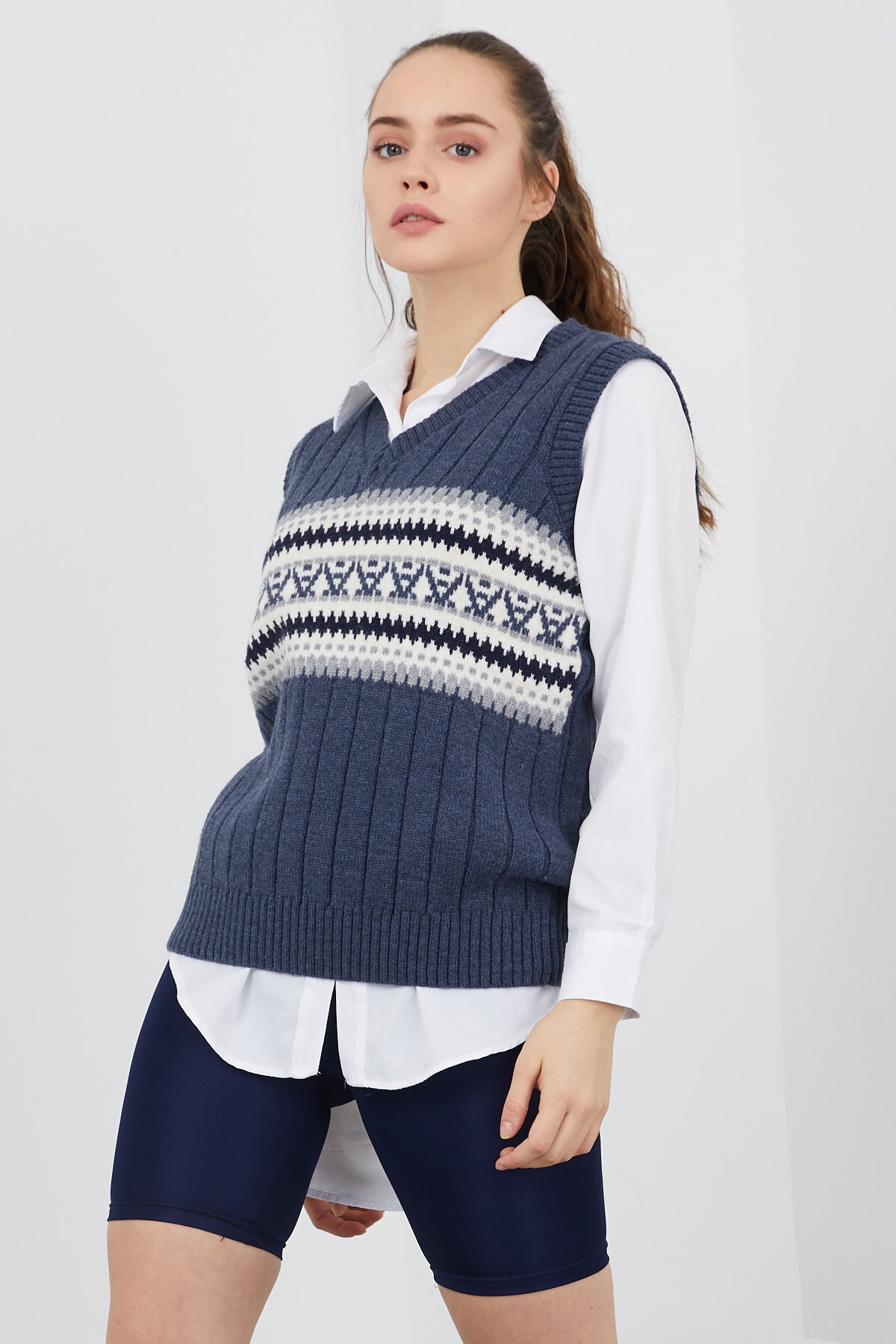 THE DOORE Kadın Indigo Fitilli Triko Süveter