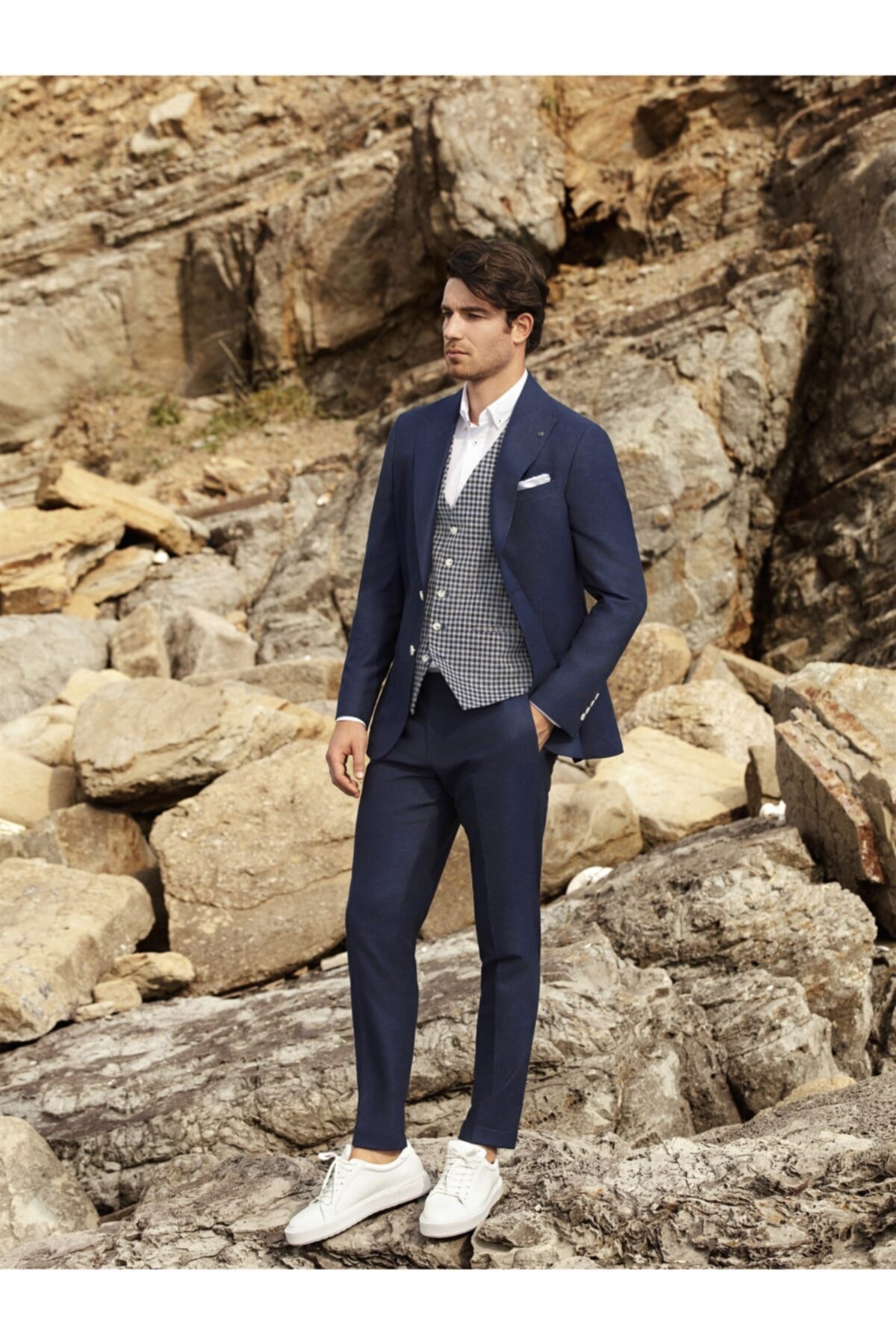 Dufy Lacivert Melanj Keten Likra Karışımlı Yelekli Erkek Takım - Modern Fit