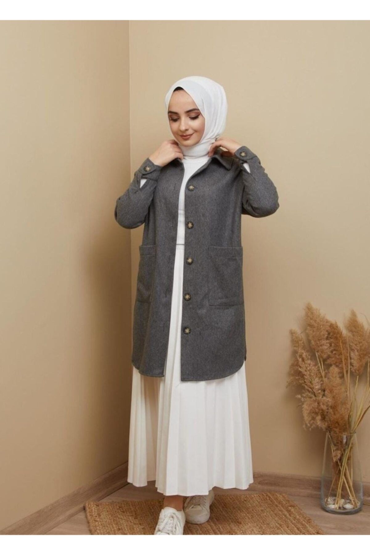 Essah Moda Kadın Gri Kışlık Cepli Uzun Gömlek Tunik - Me000220