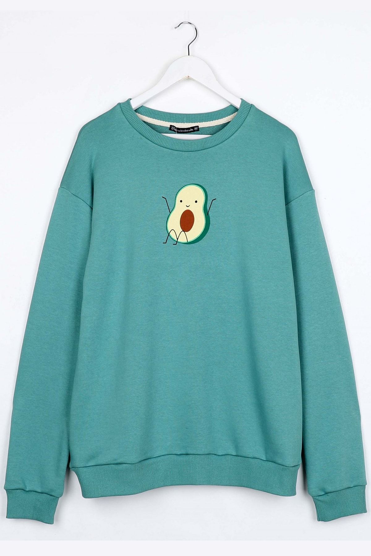 Sekizbiraltı Avokado Baskılı Yeşil Oversize Unisex Sweatshirt
