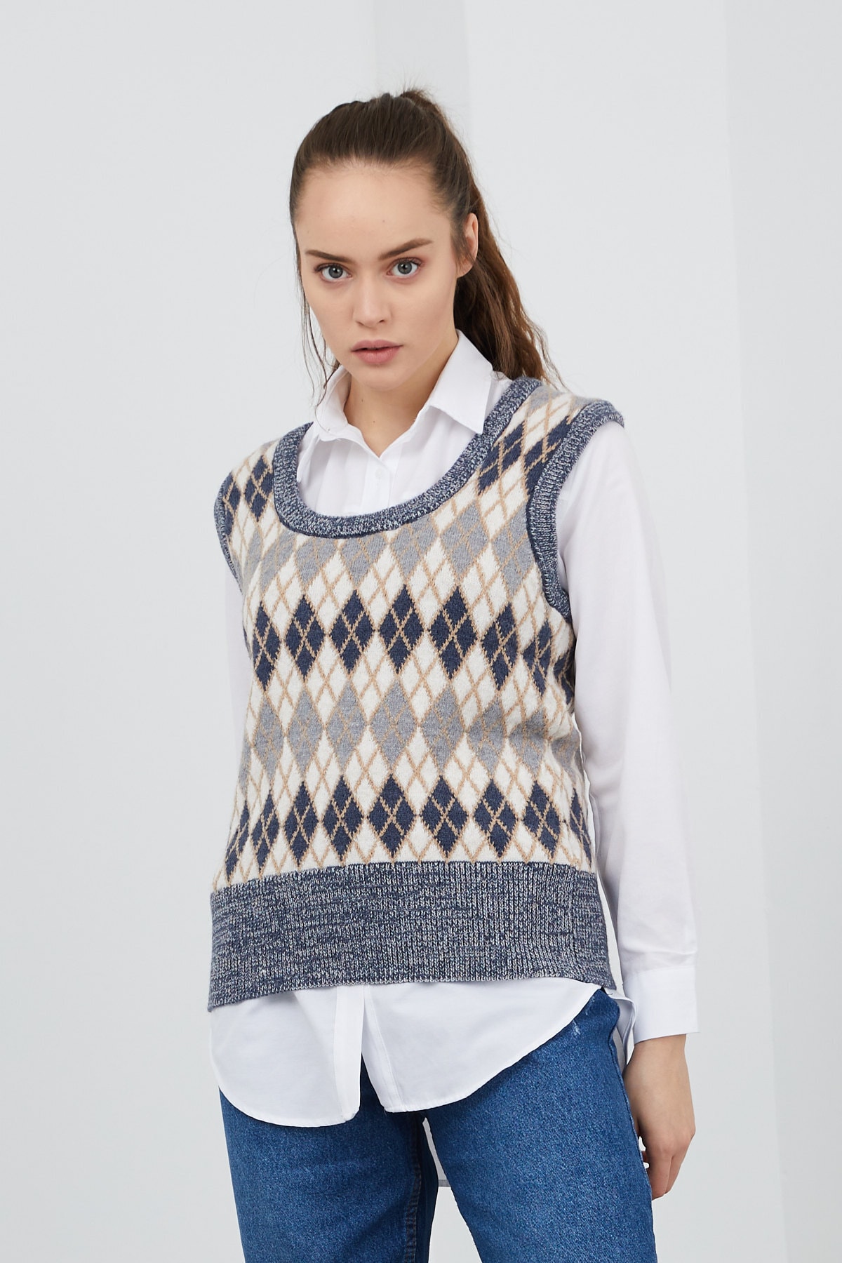 OFLEE Kadın İndigo Baklava Desenli Triko Süveter