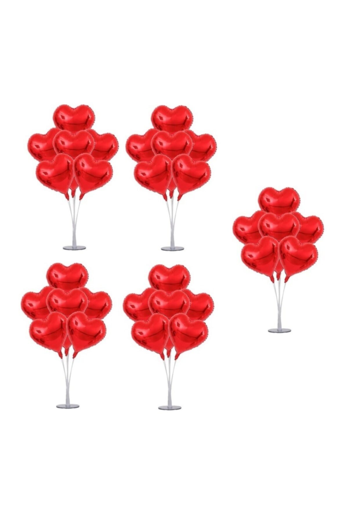 Happyland Sevgililer Günü Kırmızı Kalpli Folyo Balon ve Balon Standı 7'li 5 Adet