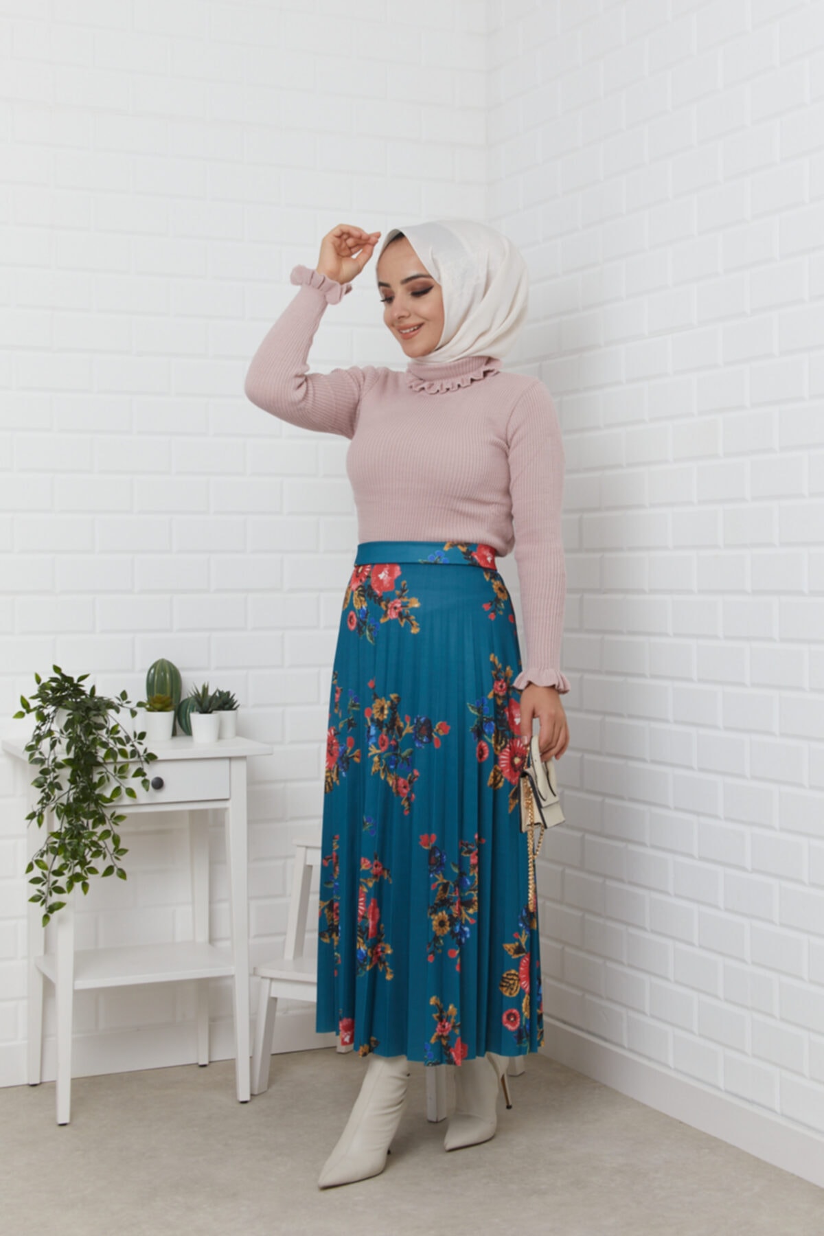 ALLMİRA FASHION Kadın Yeşil Çiçekli Pliseli Etek