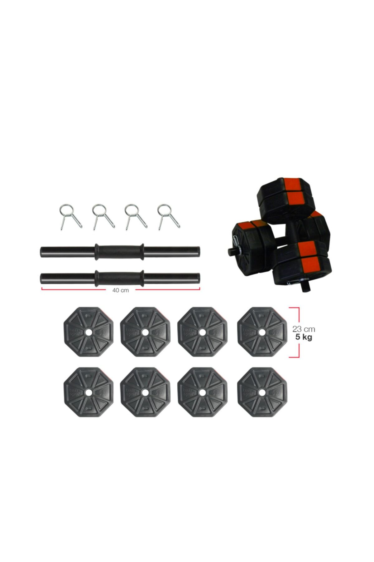 TAN SPOR Tanspor 40 Kg Kısa Barlı Dambıl - Dumbell - Ağırlık - Halter - Vücut Geliştirme Seti Kırmızı Kapaklı