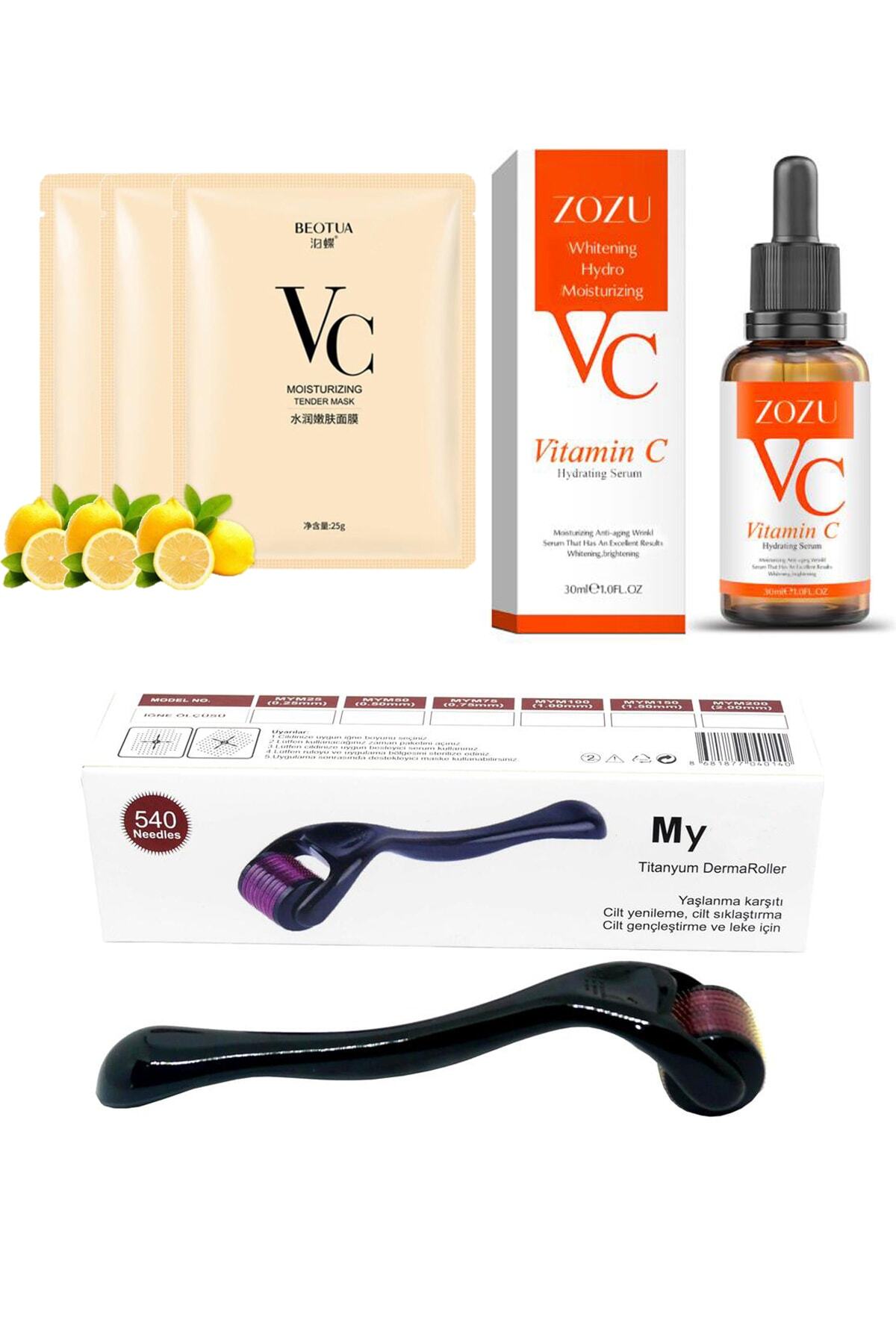 Beuta Dermaroller 1.00mm Iğne C Vitamini Kür Paketi Cilt Maskesi Ve Cilt Serumu