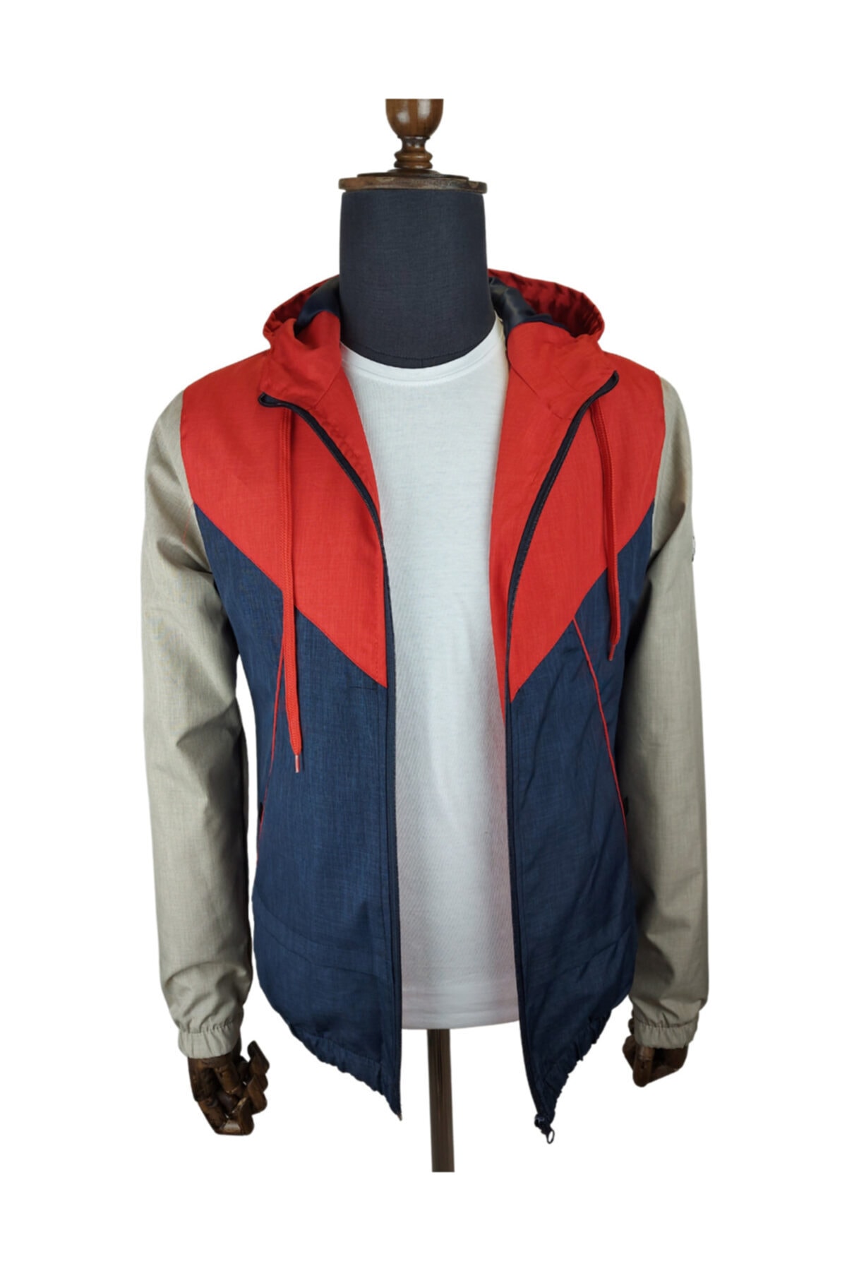 BEYEFENDİ Erkek Bej Renk Bloklu Kapüşonlu Yağmurluk