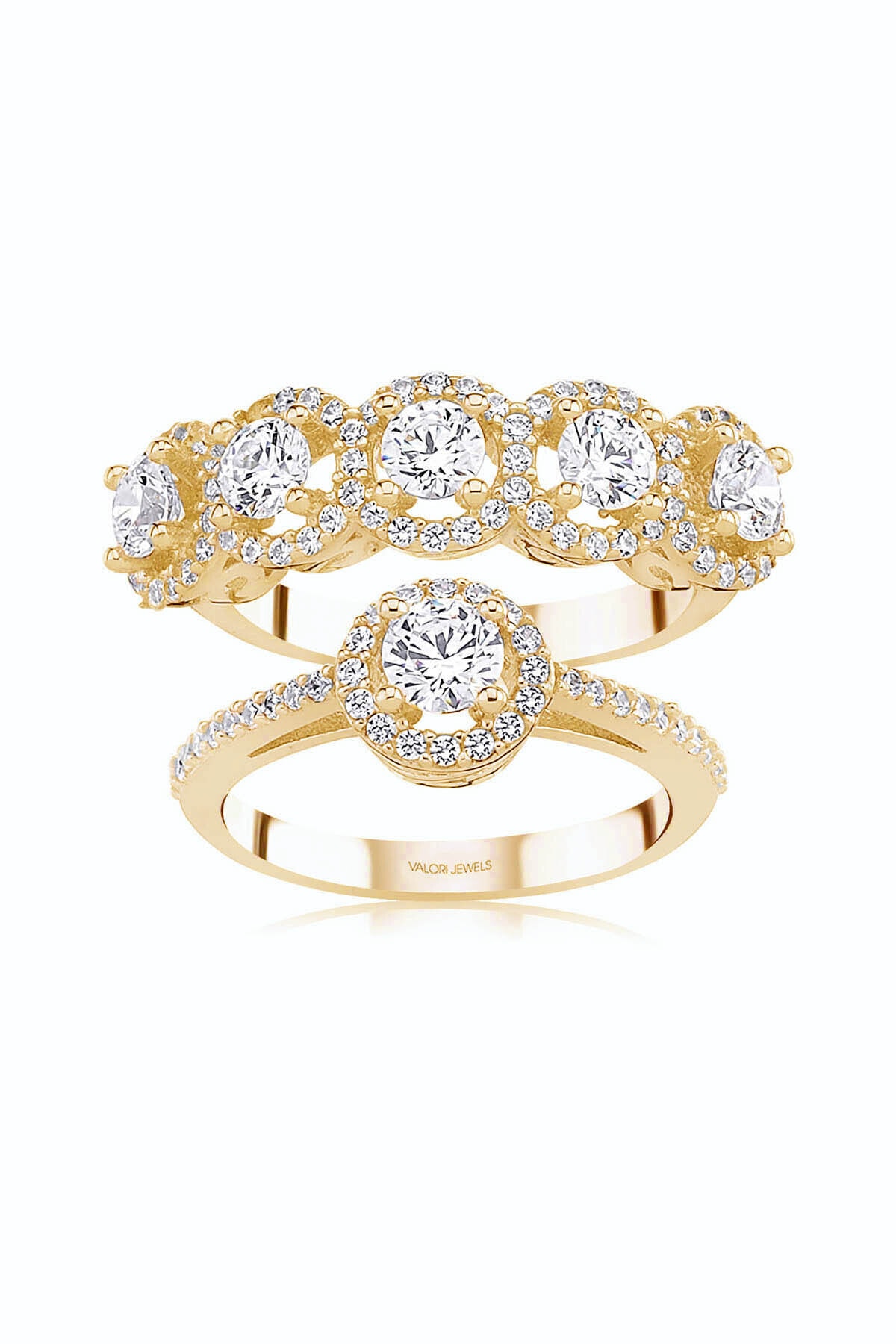 Valori Jewels Taşlı Montür, 4 Karat Swarovski Zirkon Taşlı, Altın Rengi Gümüş Tektaş Beştaş Yüzük Kombini