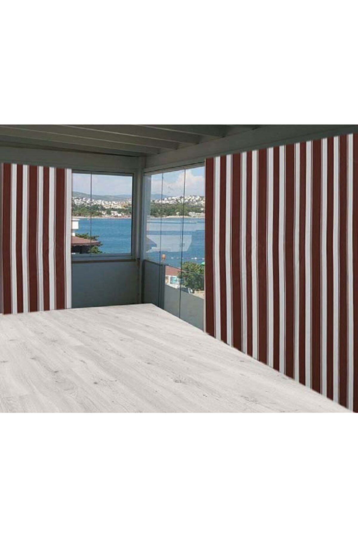 ceylan home Balkon Perdesi Kahverengi Beyaz Çizgili 750x250