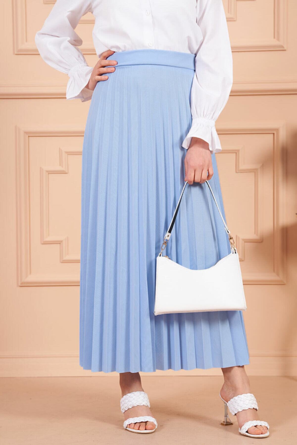 modayseli Kadın Bebe Mavi Piliseli Beli Lastikli Etek