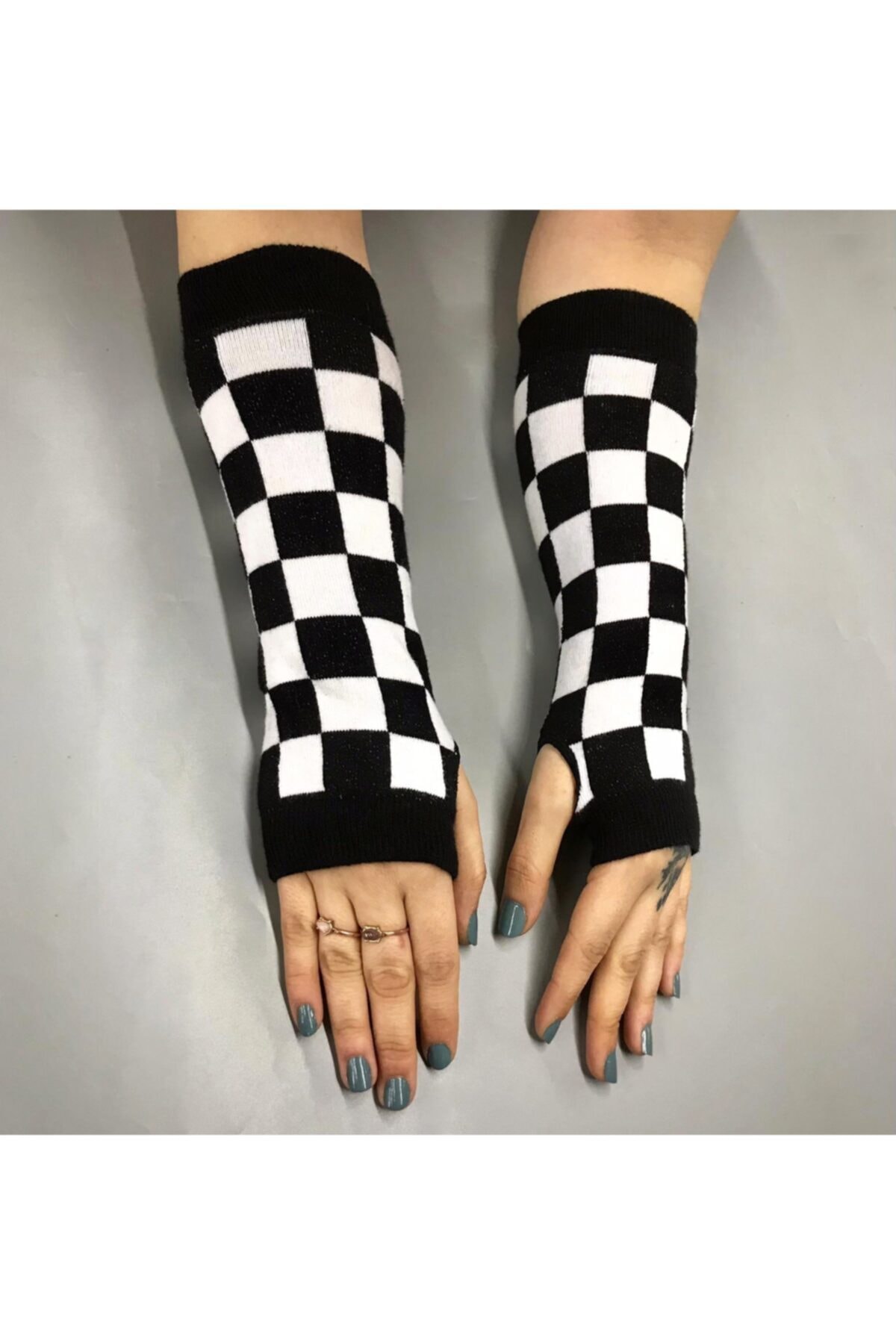 Köstebek Kesik Parmak Ikili Siyah Beyaz Damalı Kolluk