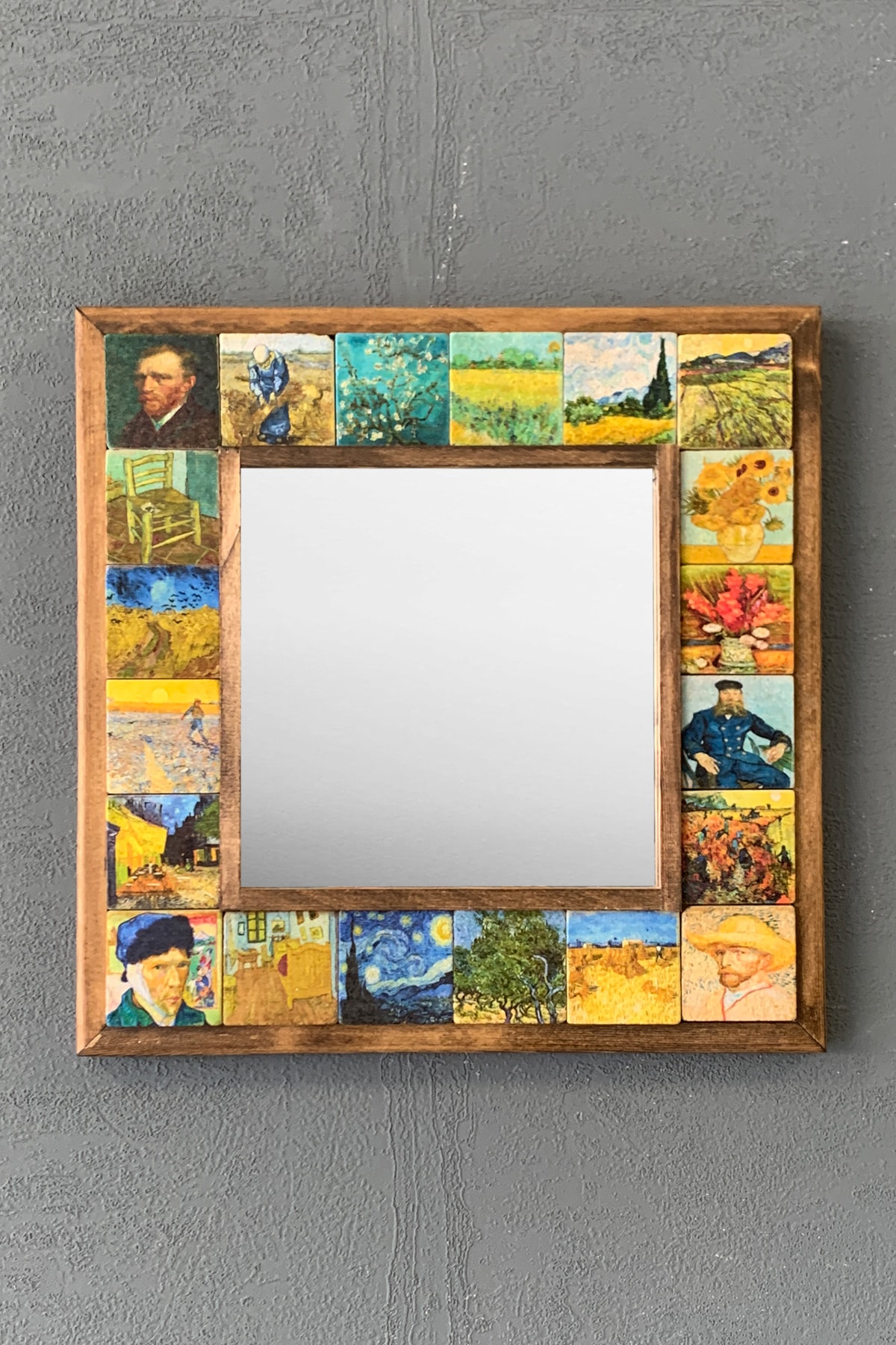 Oscar Stone Decor Masif Çerçeveli Mozaik Taş Ayna 33 Cm X 33 Cm (van Gogh-morocco-etnik Desen)