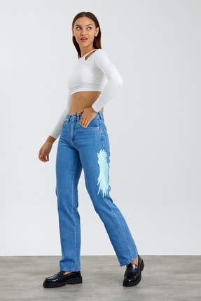 RAW Kanat Desenli Turkaaz Nakışlı Boru Pa&ccedil;a Trend Pantalon