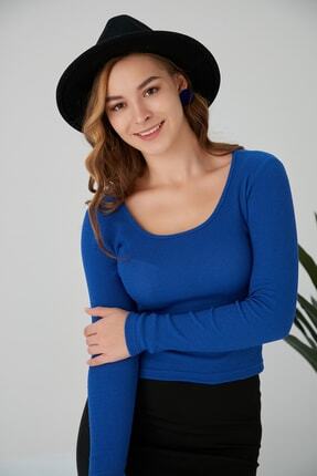 Kadın Bisiklet Yaka Uzun Kollu Fitilli Crop Bluz Image 0