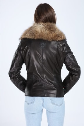 Hakiki Deri Tilki Model Kadın Siyah Ceket Image 6