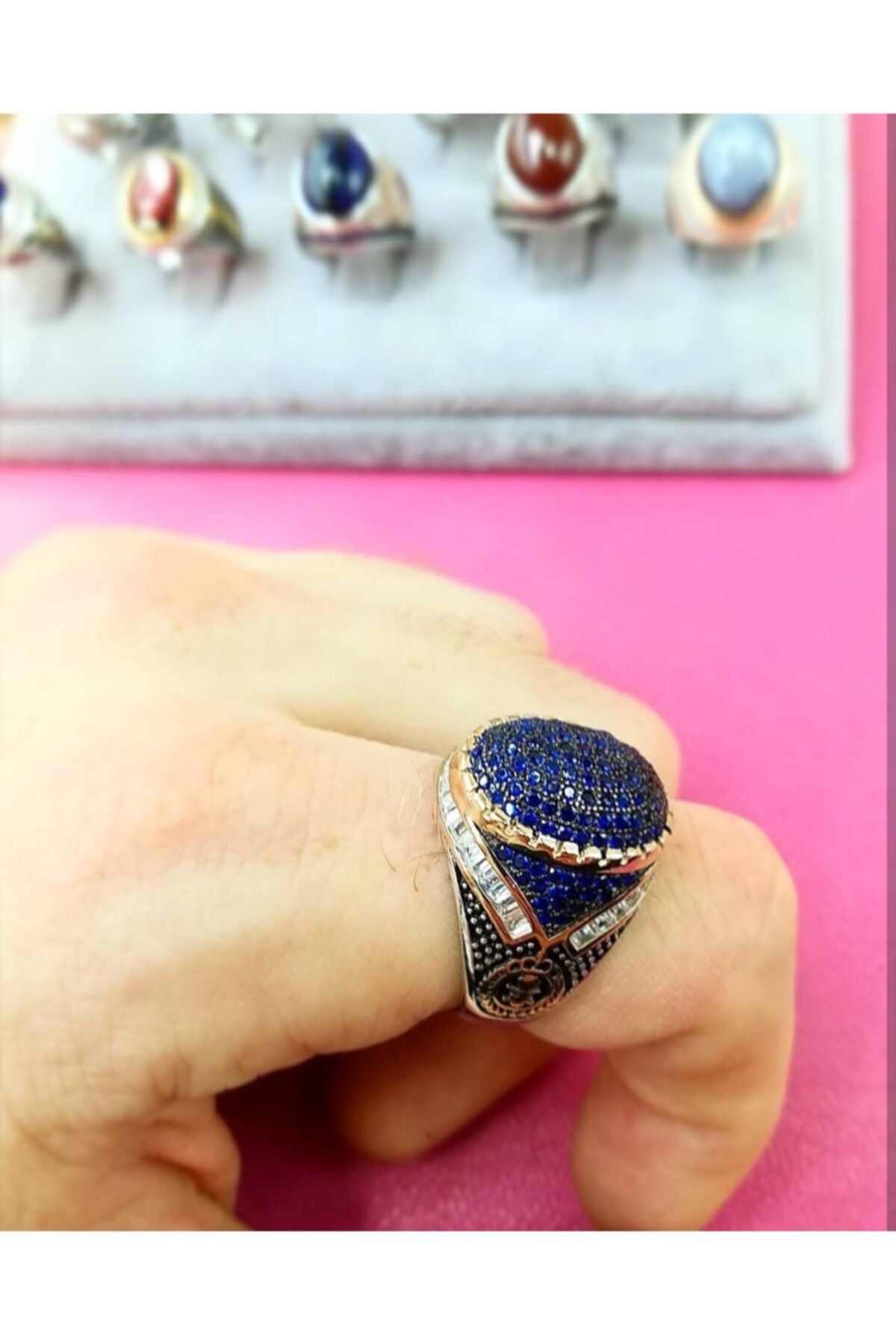 Oriental Kuyumculuk Jewellery Safir ve Baget Taşlı Gümüş Erkek Yüzük