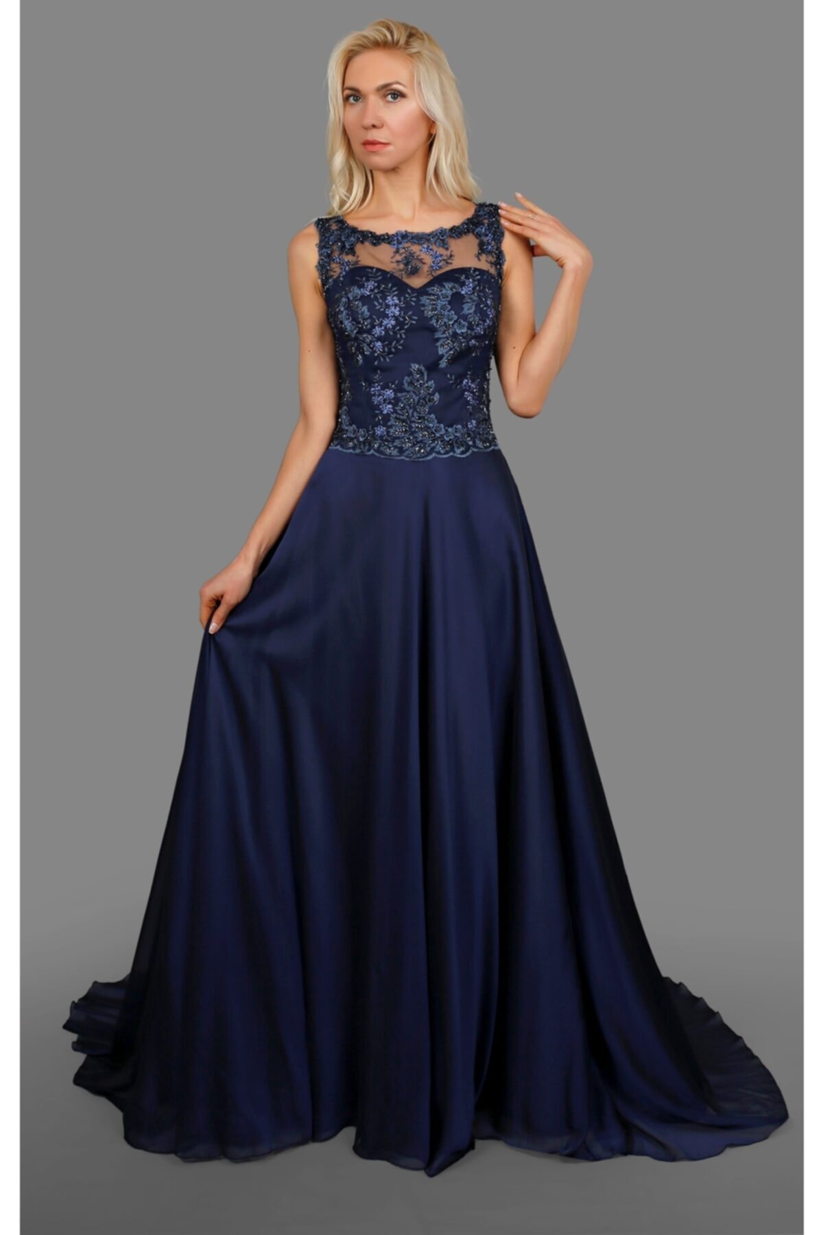 PİRAYE VERA Lacivert 38 Beden Işlemeli Dantelli A Kesim Şifon Etek Abiye