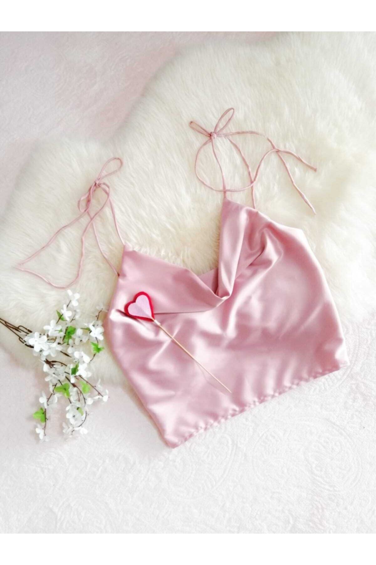 Crescent Pembe Renk Degaje Yaka Kalın Saten Bluz