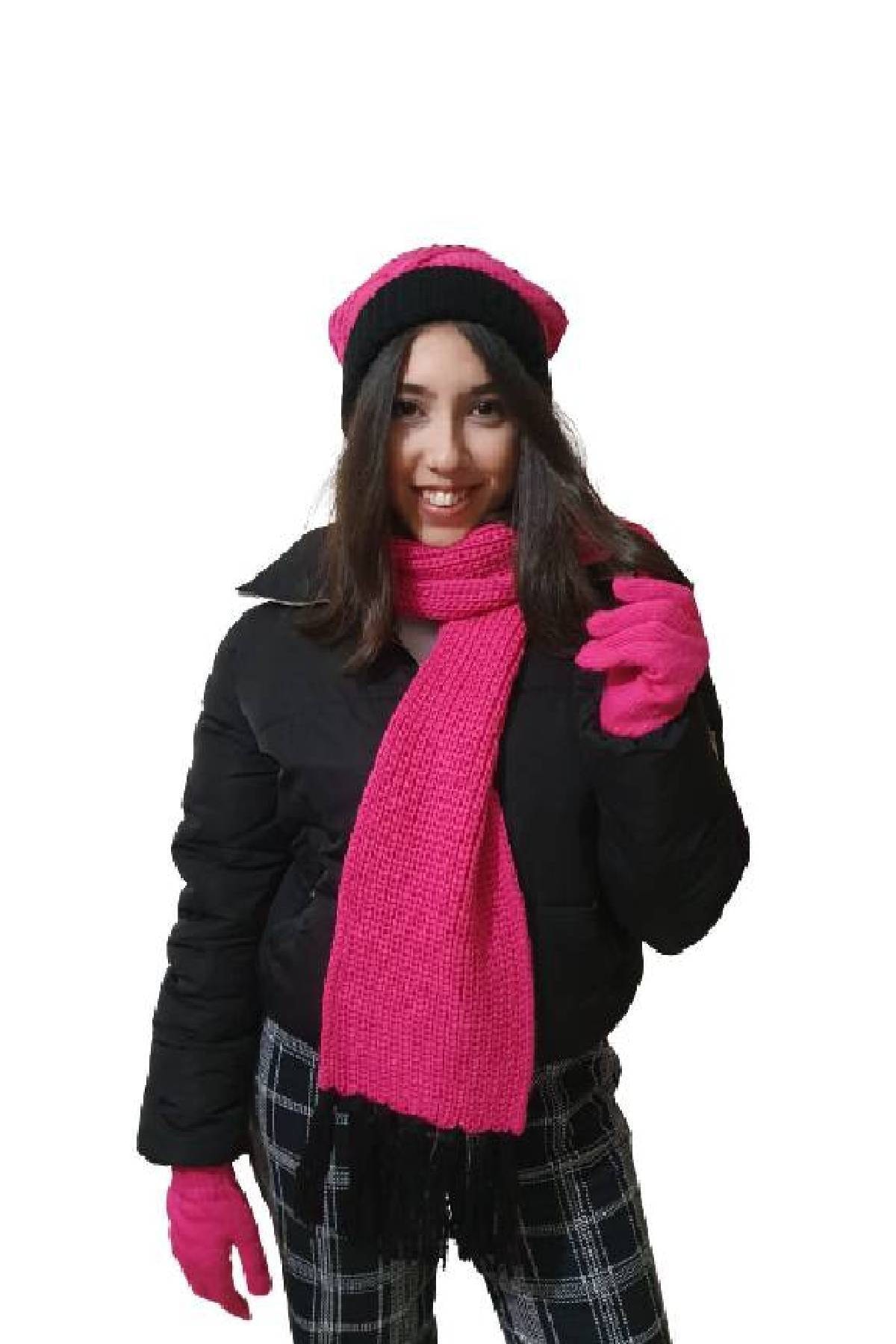 EDWOL Kadın 3 Lü Atkı Bere Ve Eldiven Takımı Fuşya Siyah
