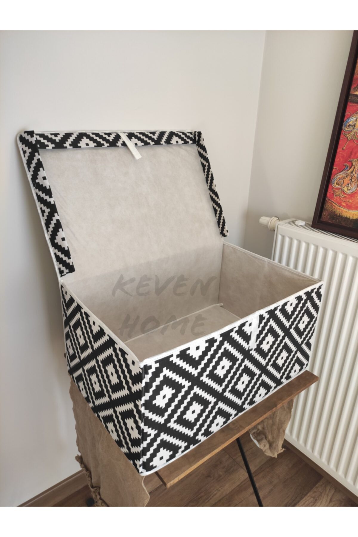 Keven Home Desenli Sert Hurç - Kapaklı Dekoratif Organizer Kutu - Çok Amaçlı Mega Kutu -60x40x30- Kare Desenli