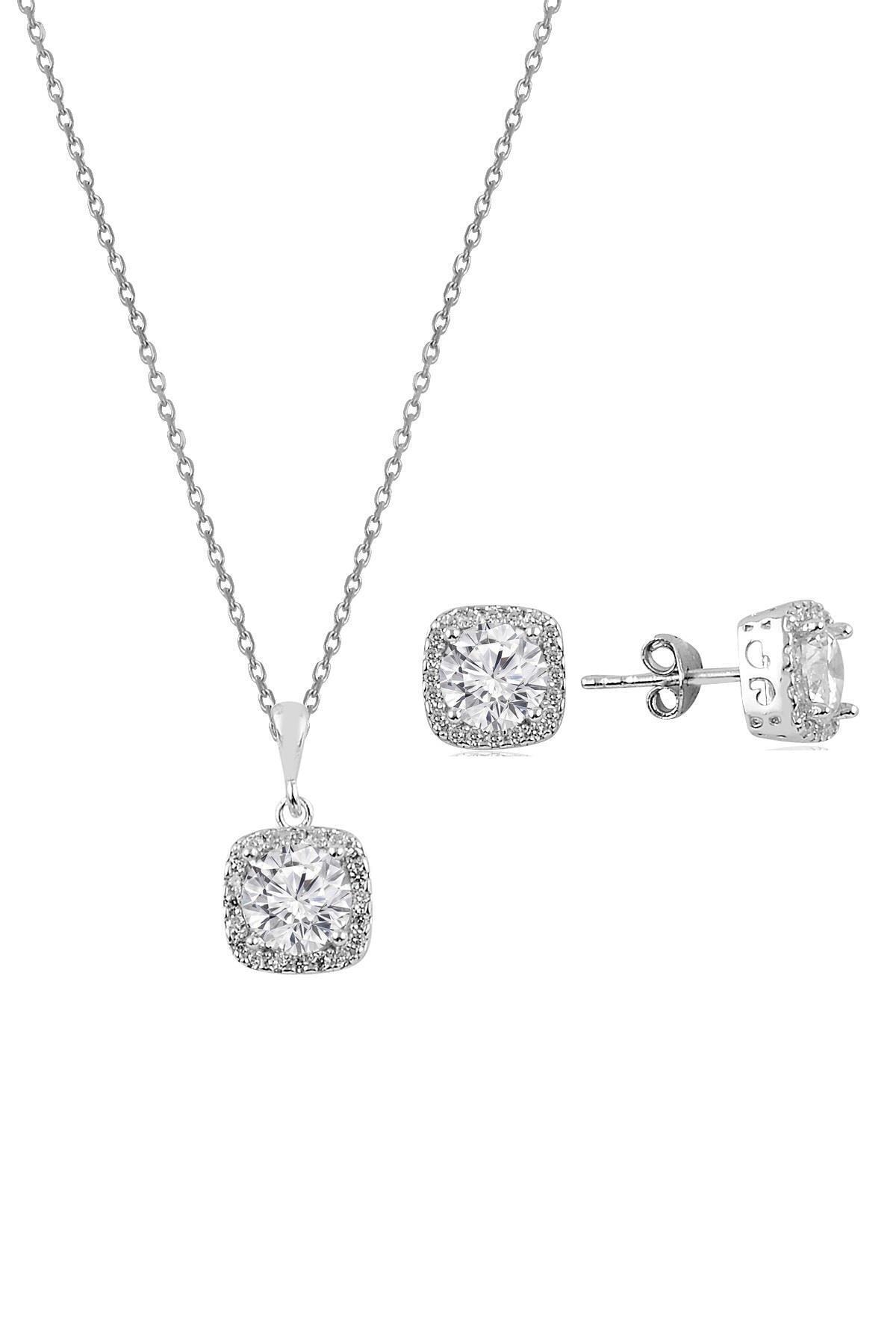Söğütlü Silver Gümüş Zirkon Taşlı Kare Pırlanta Montürlü Gümüş Ikili Set