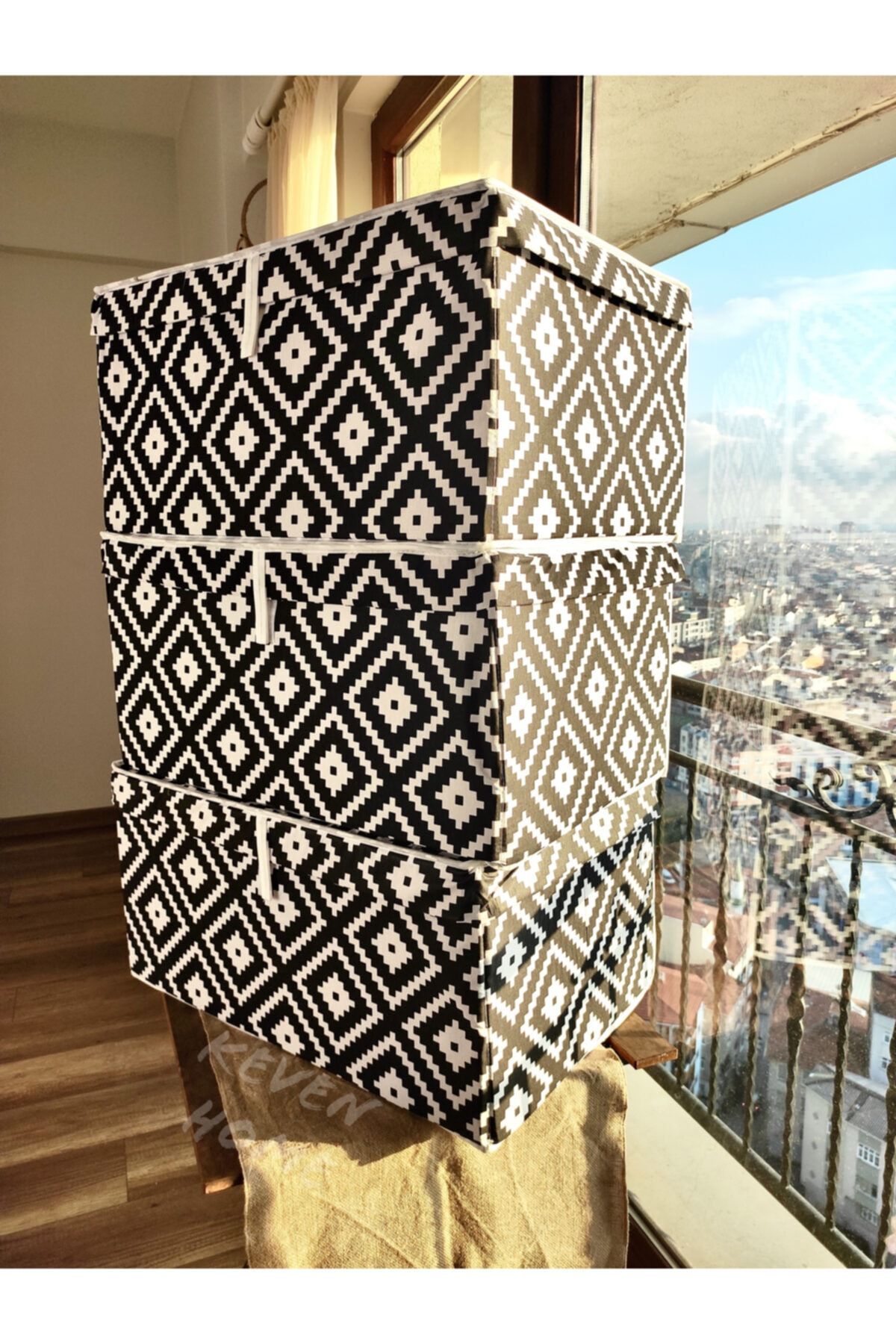 Keven Home 3 Adet - Desenli Sert Hurç - Kapaklı Dekoratif Organizer Kutu - Çok Amaçlı Mega Kutu 60x40x30- Kare
