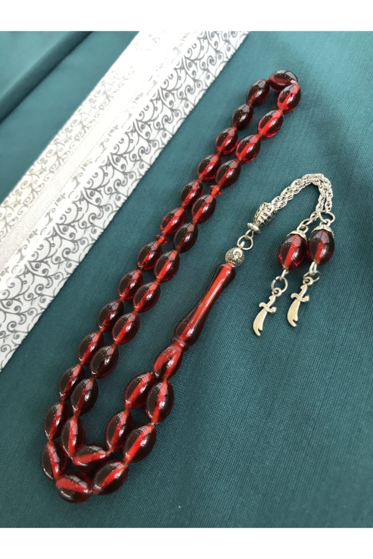 Sultan Telkari Kırmızı Tonda Yoğun Hareli Toz Kehribar Tesbih
