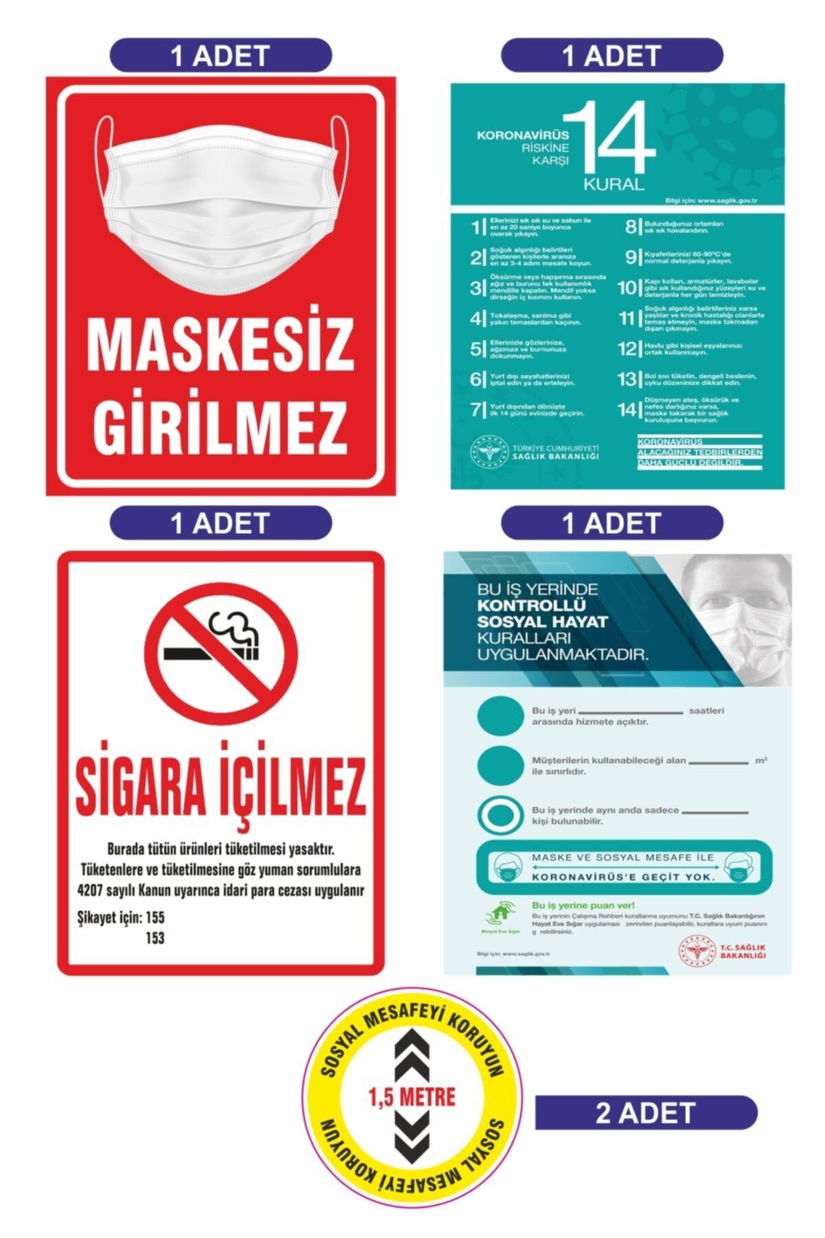 Baskı Atölyesi Covid 19 Uyarı Seti Maskesiz Girilmez Sosyal Mesafe Etiketi Sigara Içilmez 5'li Set