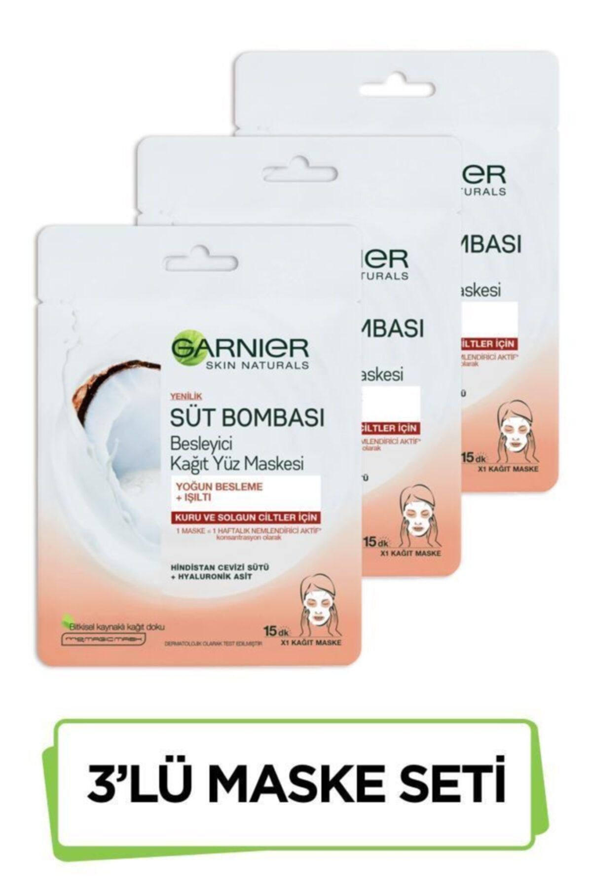 Garnier Süt Bombası Besleyici Kağıt Yüz Maskesi Hindistan Cevizi 3'lü Set