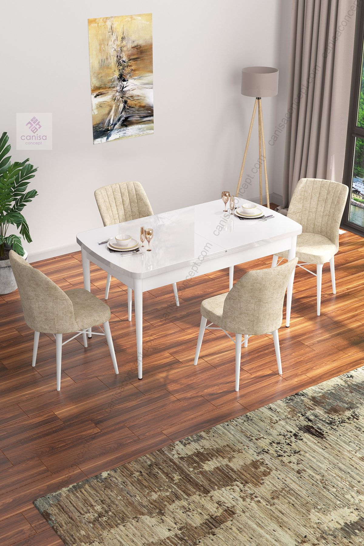 Canisa Concept Serisi Mdf,beyaz Açılabilir Mutfak Masa Takımı/masa+4 Krem Sandalye/ayakları Beyaz
