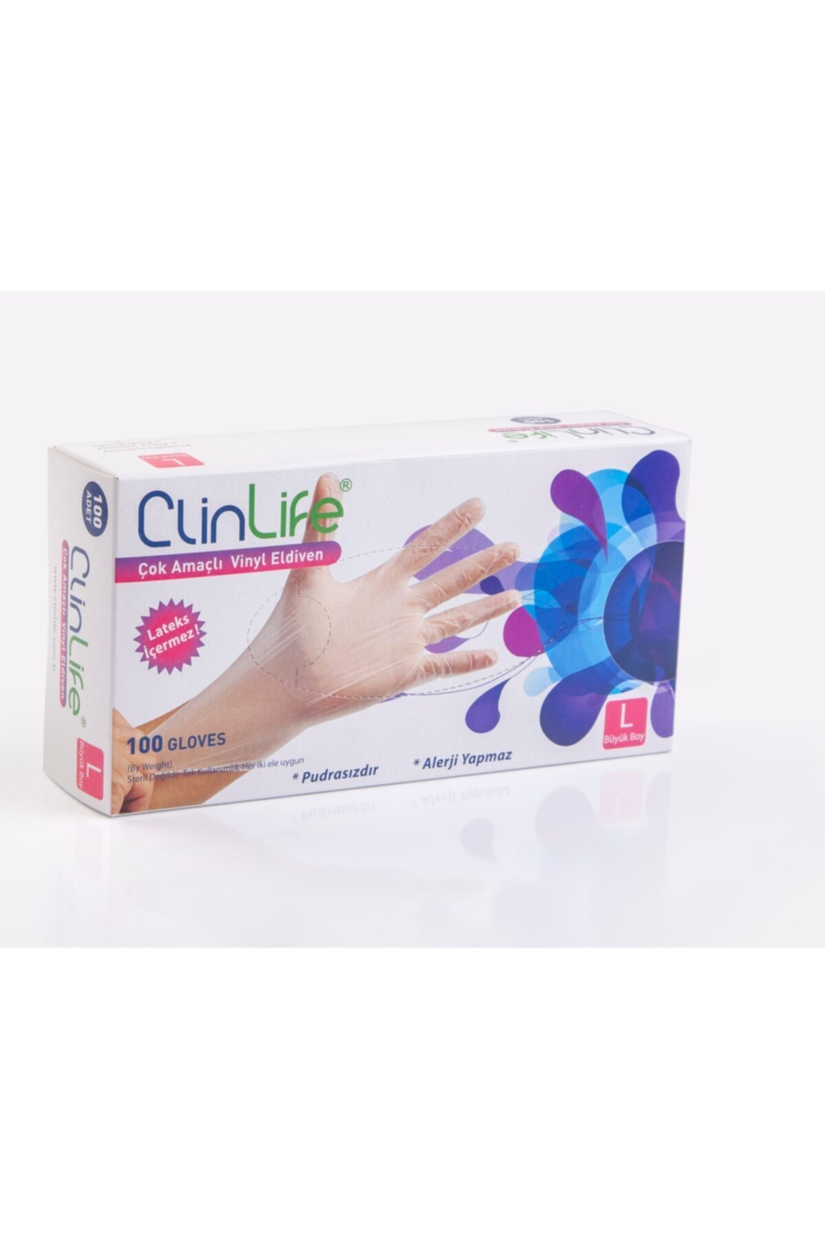 CLİNLİFE 100'lü Vinil Pudrasız Hijyenik Eldiven ( L )
