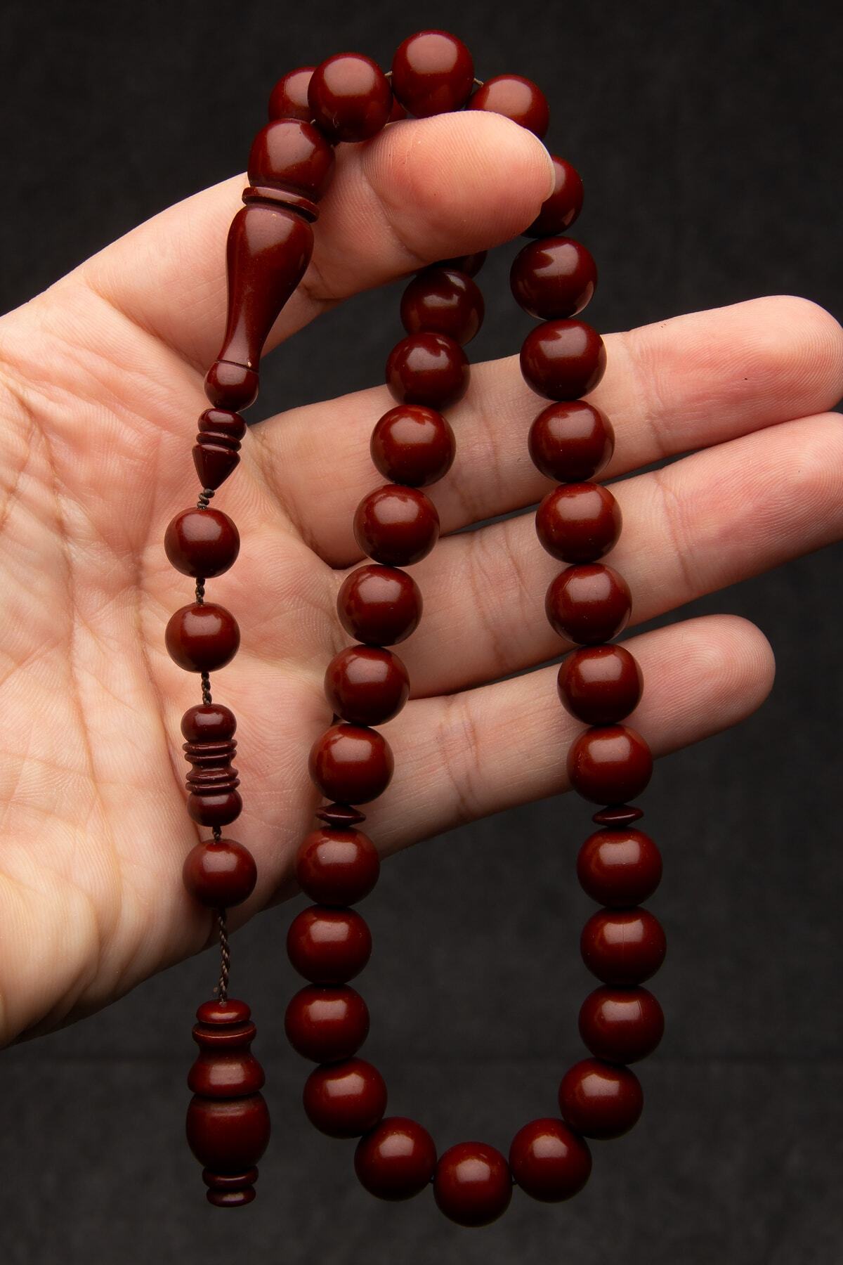 OTTOTESBİH Erkek Kahverengi Sistem Püsküllü Büyük Boy 12mm Küre Kesim Toz Kehribar Tesbih