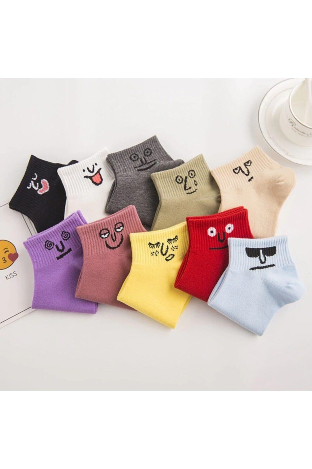BGK Unisex Renkli Yüz Desenli Patik Çorap 10'lu