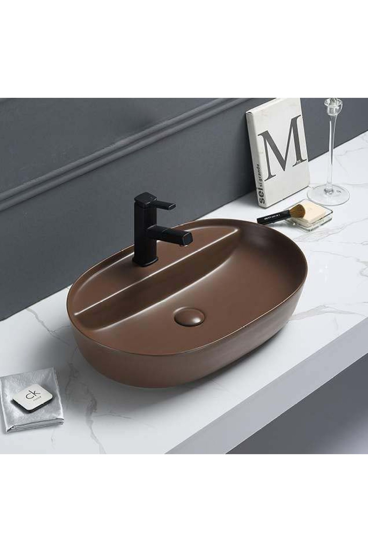 PUROSER Mat Kahve Tezgah Üstü Çanak Lavabo Ve Pop-up Sifon