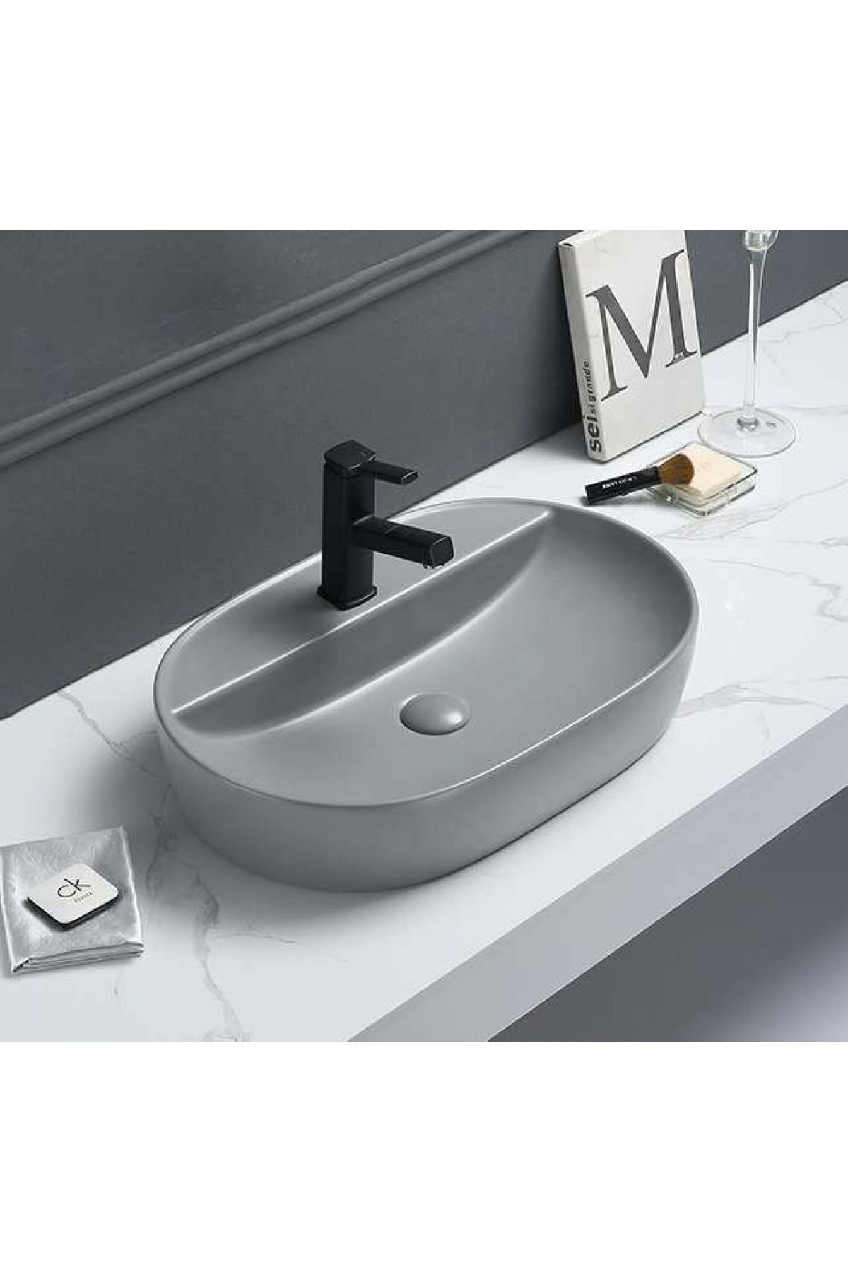 PUROSER Mat Gri Tezgah Üstü Çanak Lavabo Ve Pop-up Sifon