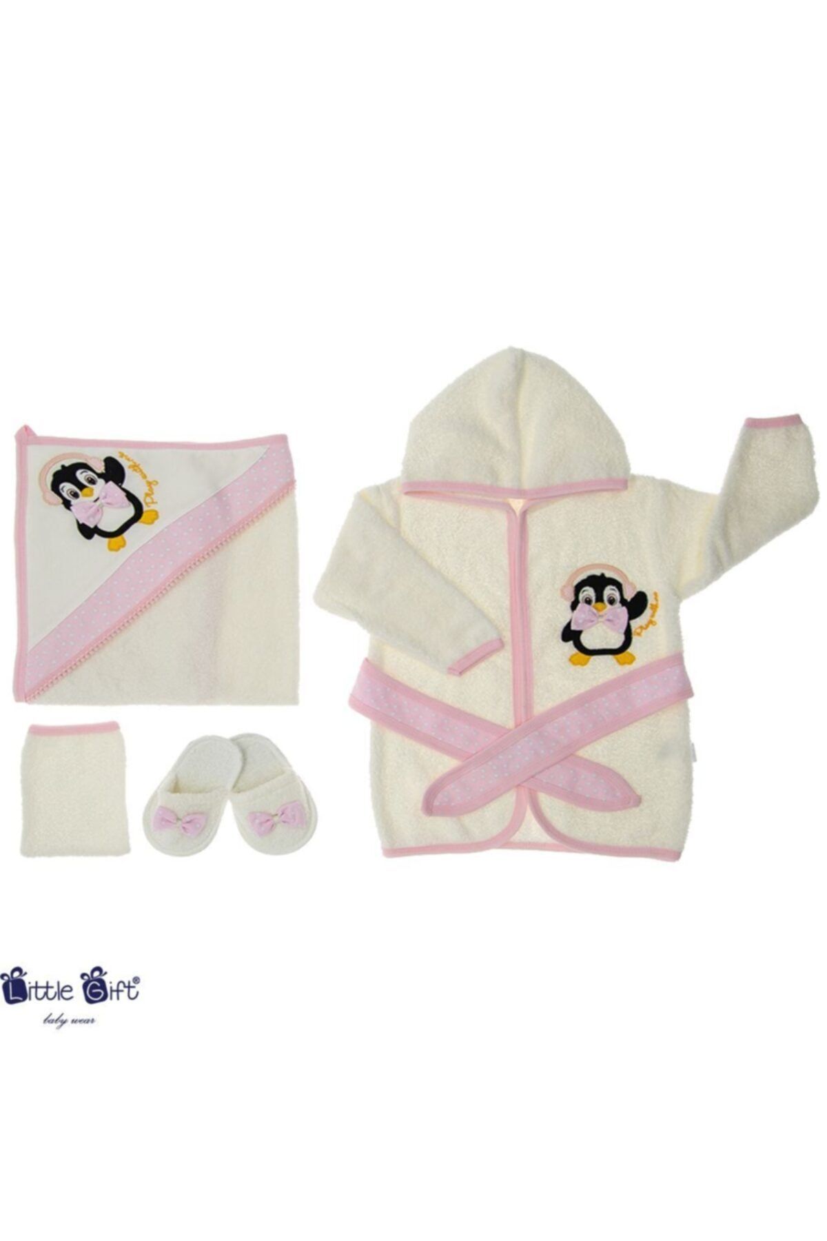 Little Gift Penguen Nakışlı Bornoz Takımı Pembe