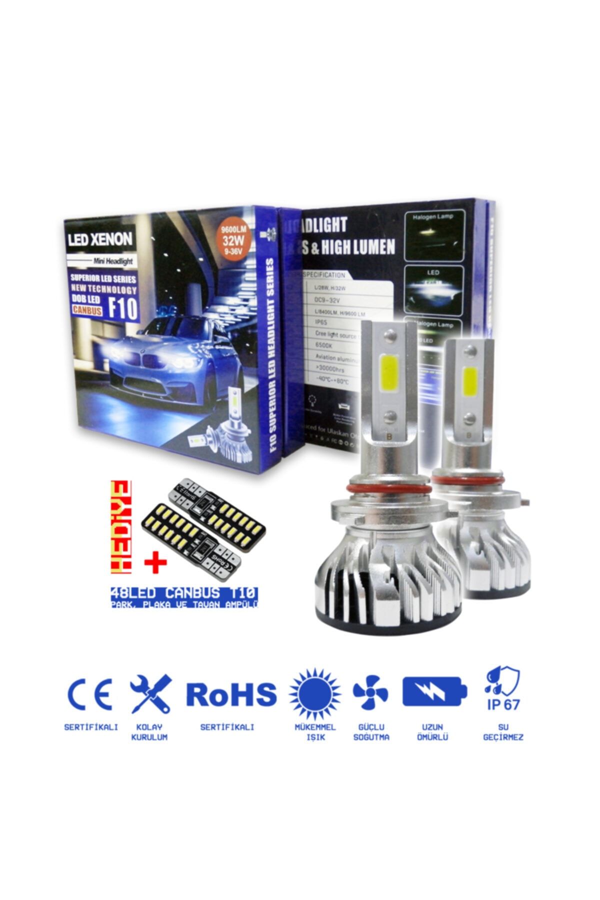 C9 F10 Canbus Mini Led Xenon Soğutuculu Far Ampulü 9600lm Kar Beyazı H27