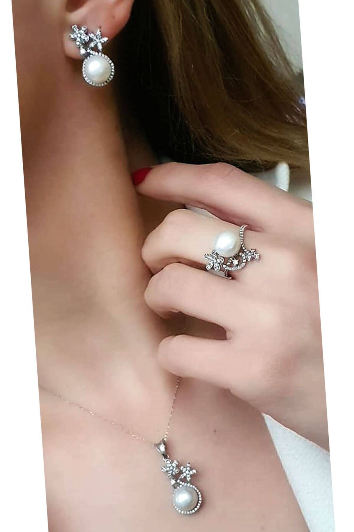 OSESHOP Incili Pırlanta Işıltısında Zirkon Taşlı Gümüş Lüks Takı Seti