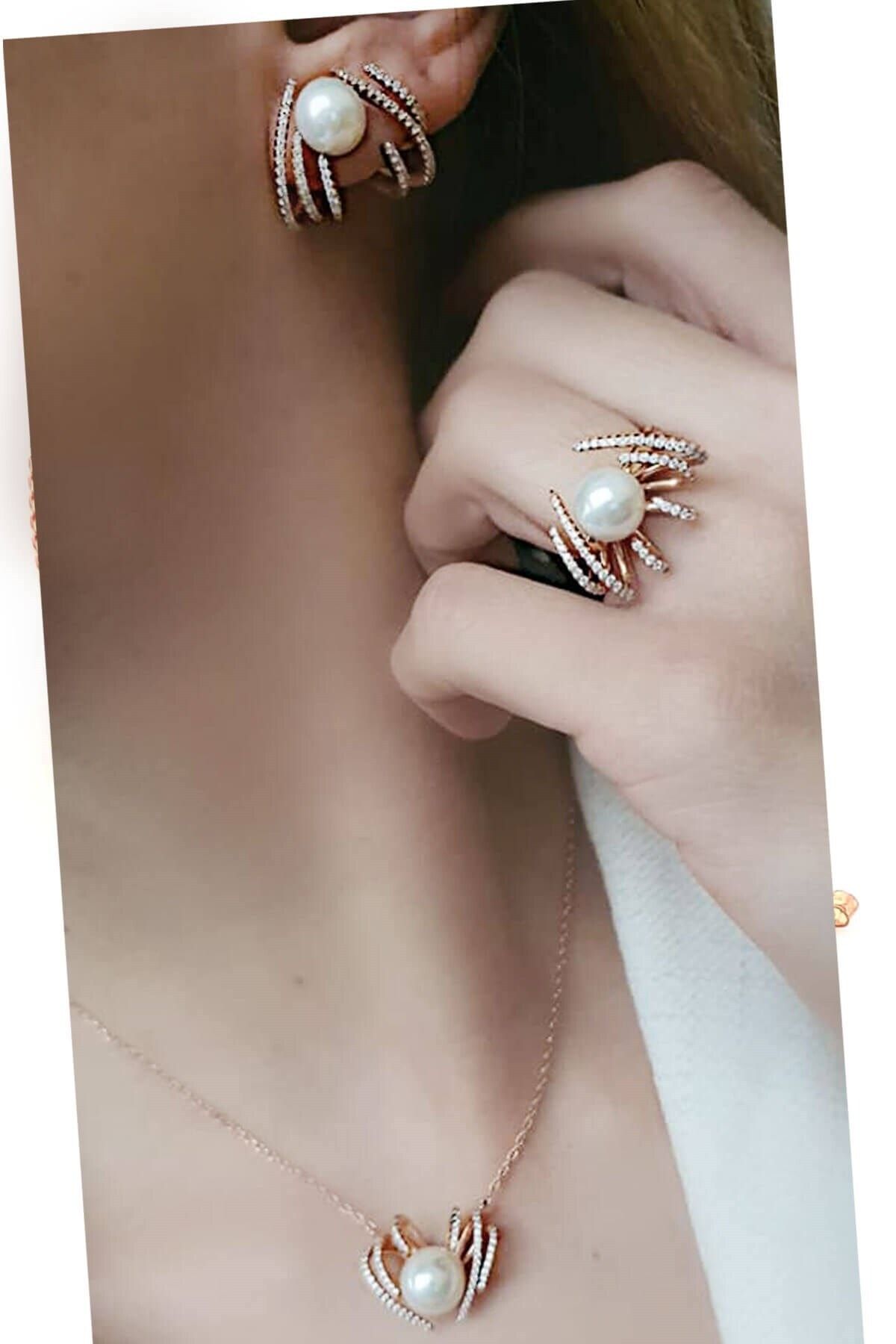 OSESHOP Pırlanta Işıltısında Zirkon Taşlı Incili Gümüş Rose Set Takım