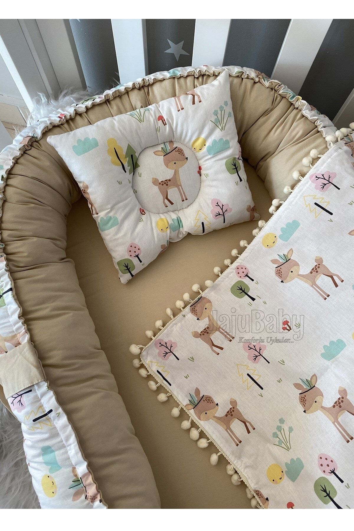 Jaju Baby Sevimli Ceylan Lüx Tasarım Ponponlu 3'lü Babynest Set