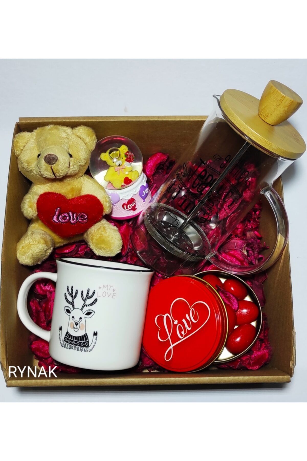 RYNAK Bambu Kapak Cam French Press My Love Kupa Love Ayıcık Küre Çikolata Hediye Seti