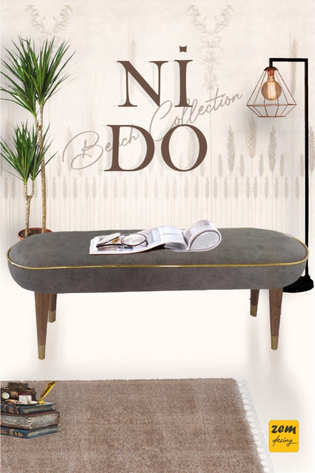 Zem Nido Bench Grey - Masif Ahşap Ayaklı 120 Cm