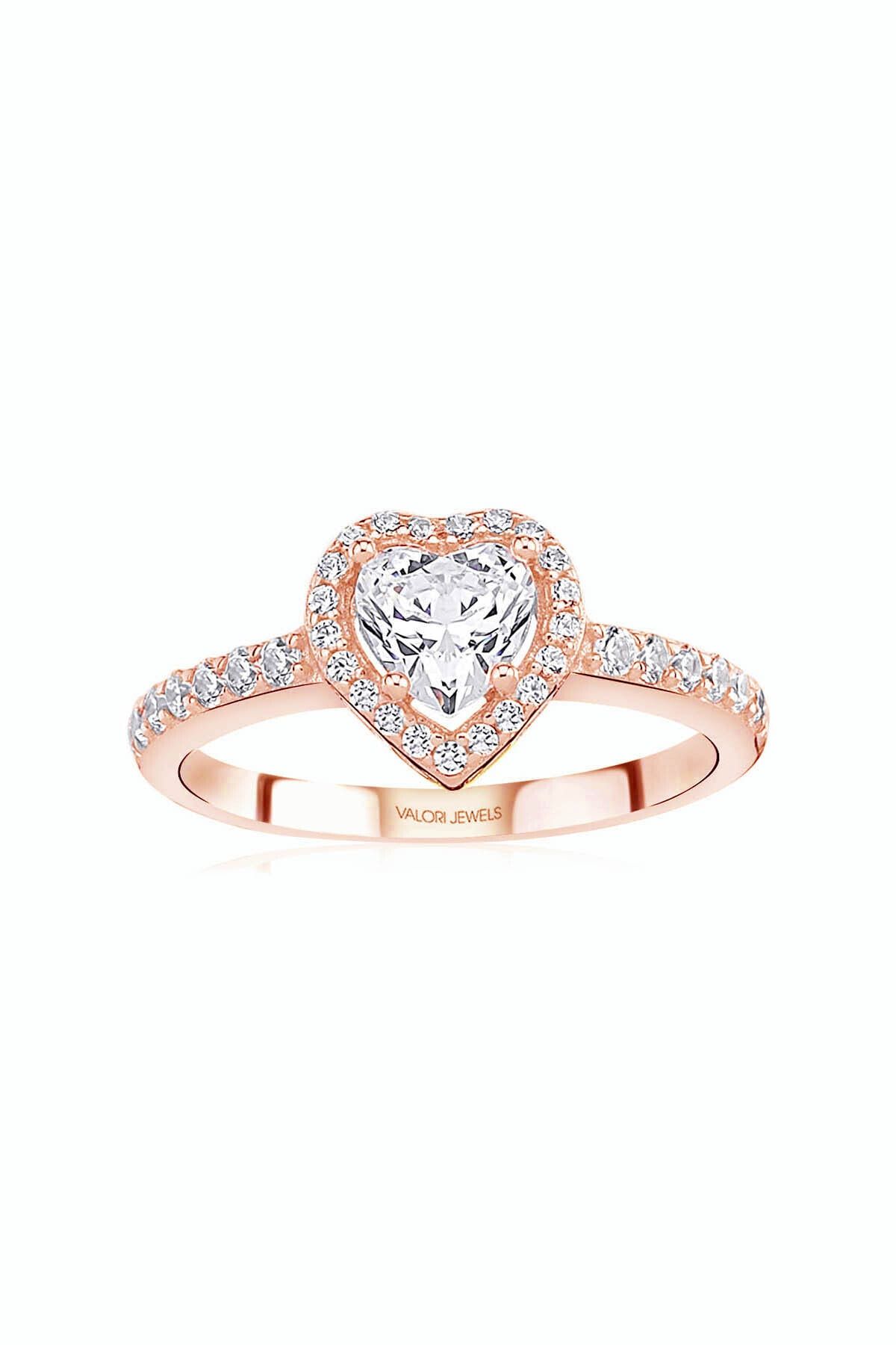 Valori Jewels Kalp, 0.75 Karat Swarovski Zirkon Taşlı, Rose Gümüş Tektaş Yüzük