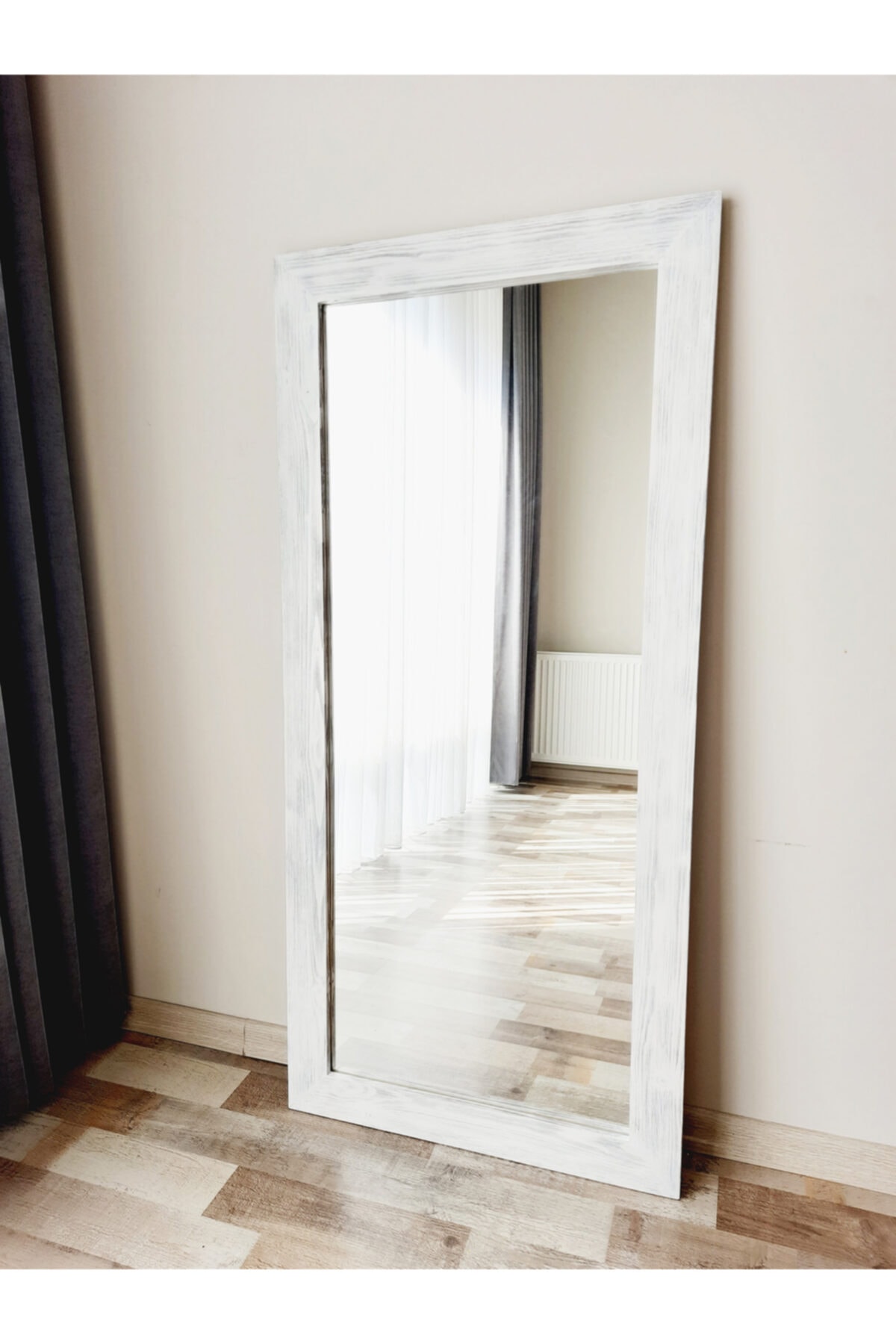 DFN WOOD Masif Ahşap Dikdörtgen Beyaz Dekoratif Duvar Salon Ofis Boy Aynası 130x60 Cm