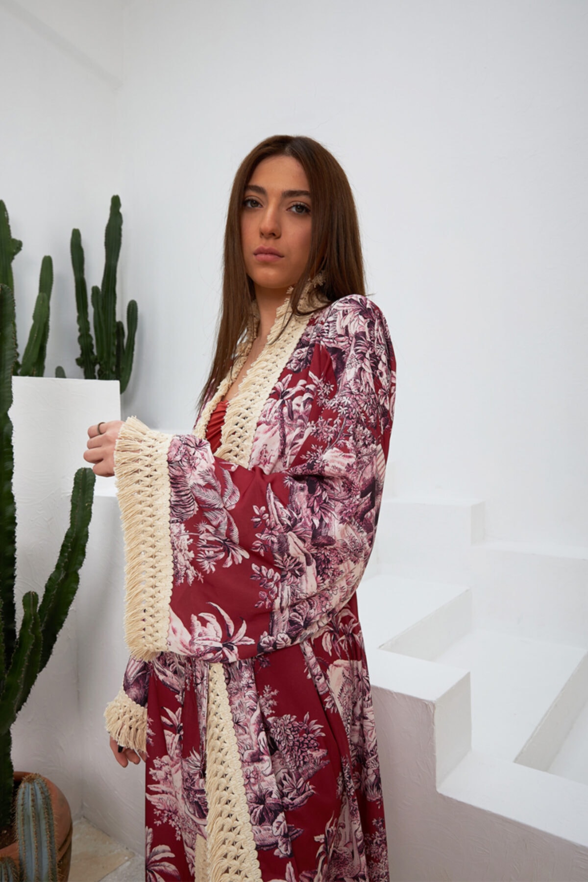 GRACE&KELLY Kadın Bordo Kuşaklı Kimono