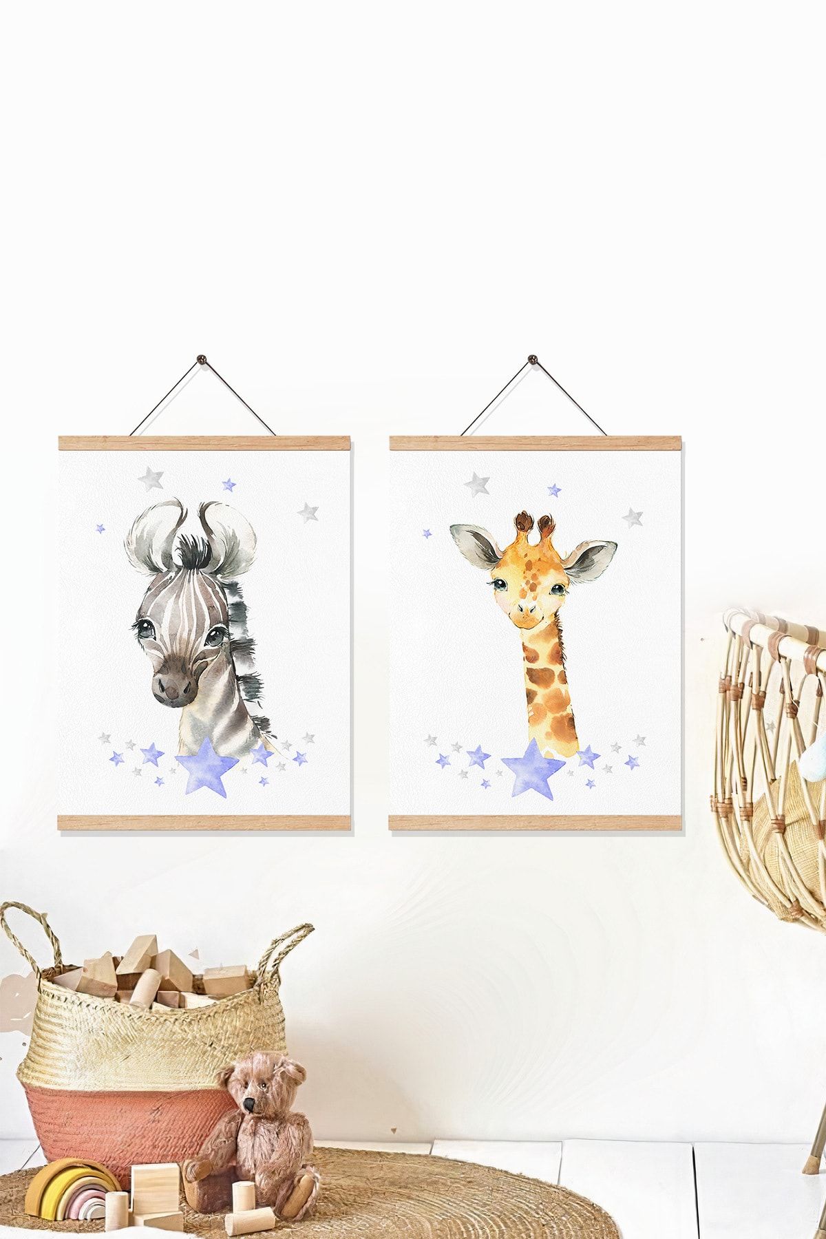 Dekor Loft Yıldızlı Hayvanlar Zebra Ve Zürafa Ikili Askılı Pu Deri Çocuk Odası Tablosu